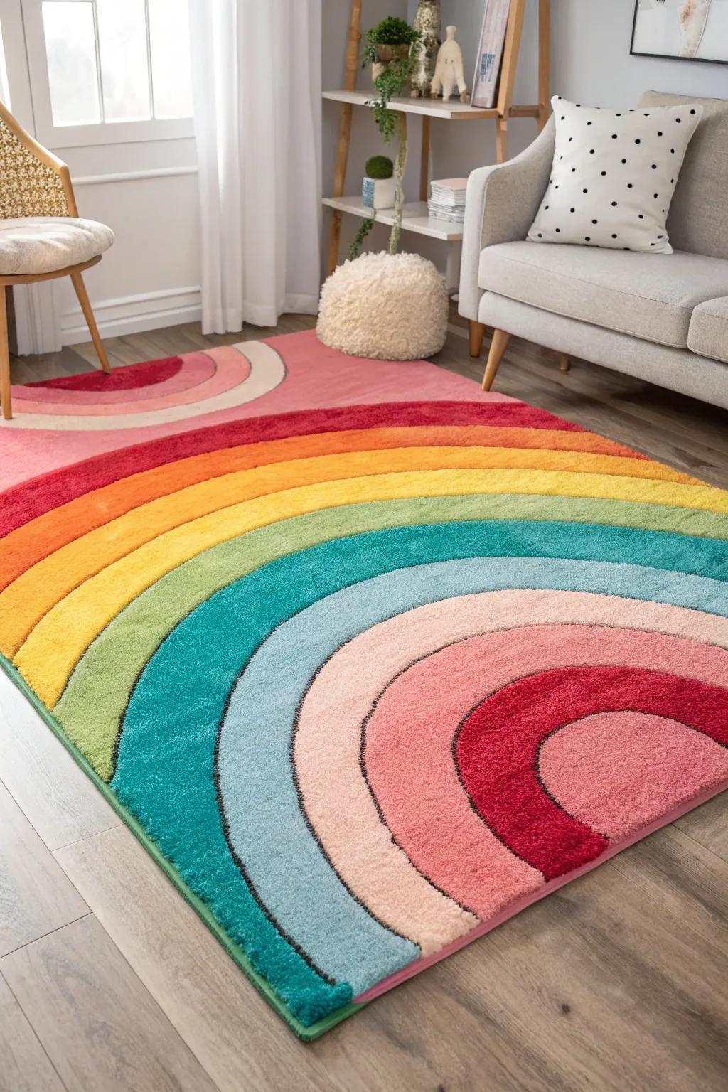 A rainbow rug ties the room together with warmth.