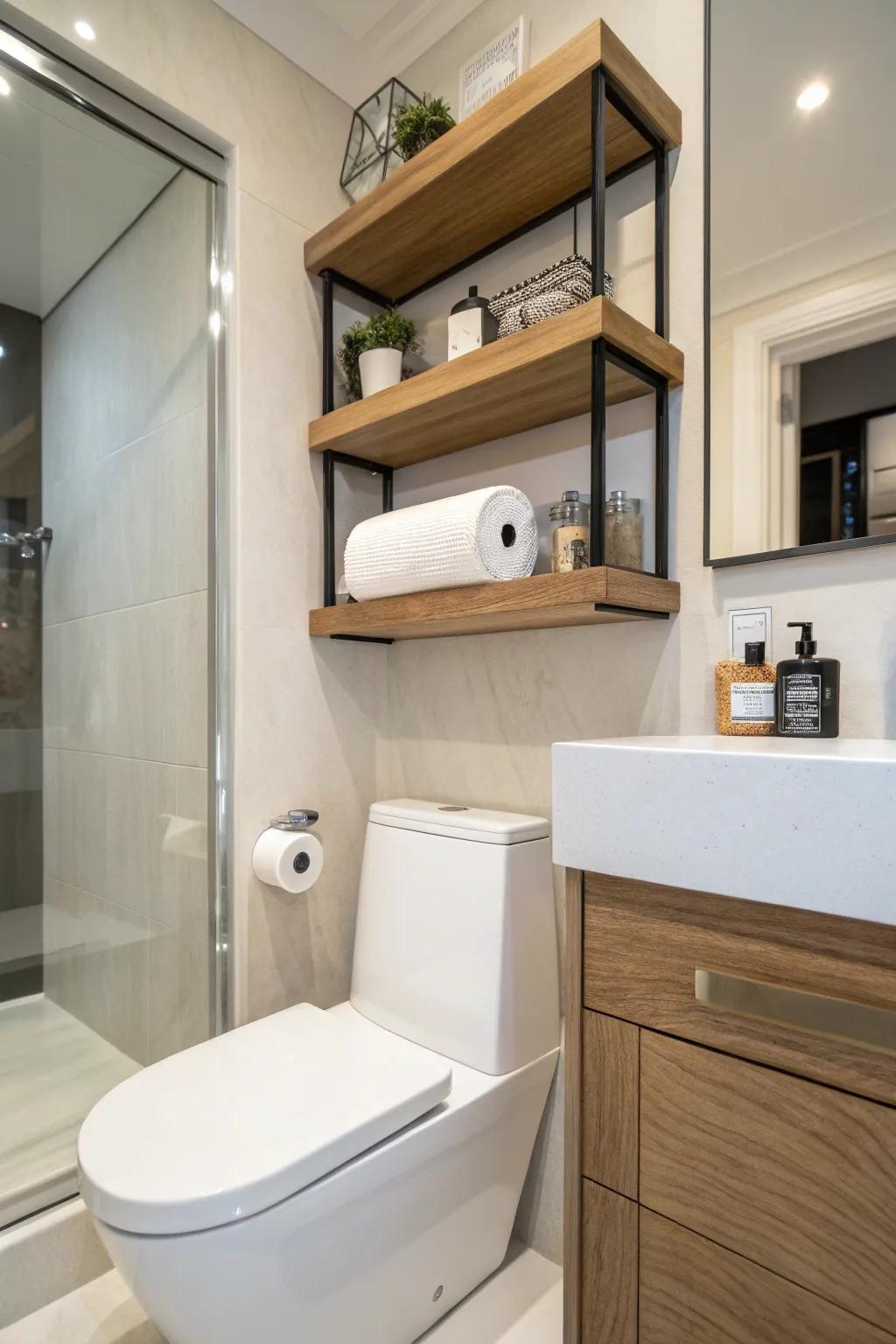 Floating shelves offer a sleek and functional solution for bathroom storage.