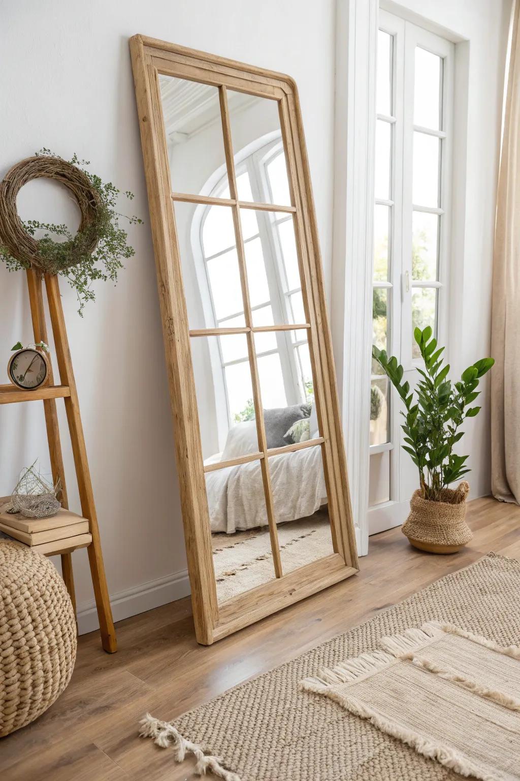 Transform your space with a multi-paneled window style mirror for a touch of classic elegance.