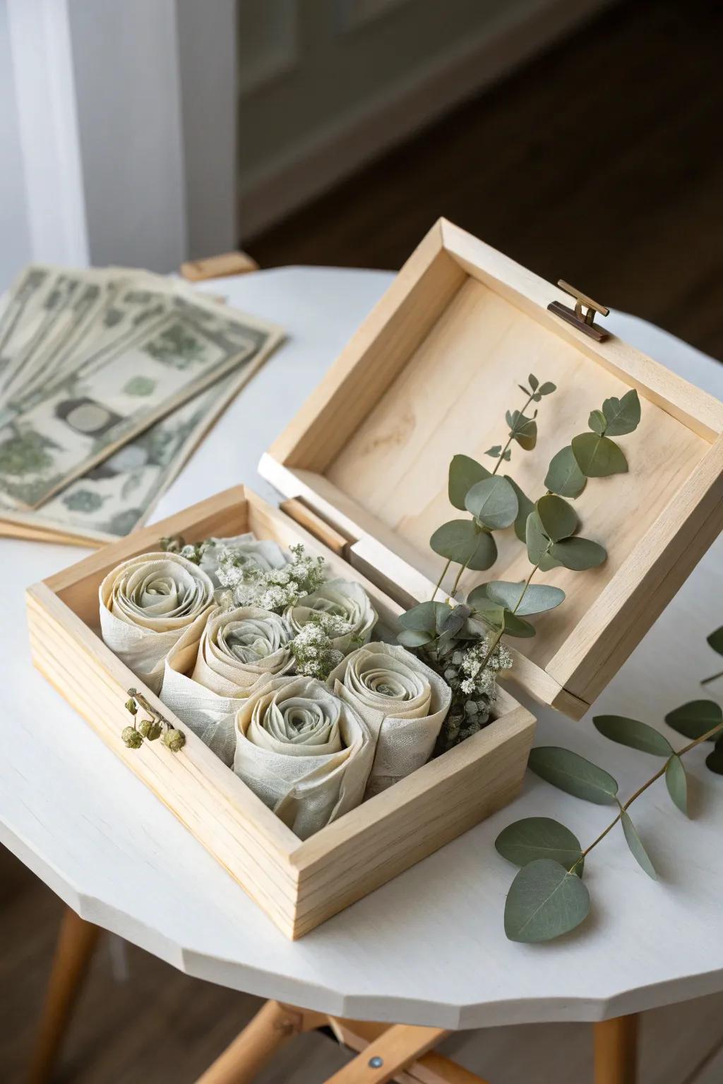 Unwrap the unexpected: a money bouquet surprise inside a beautifully crafted gift box.