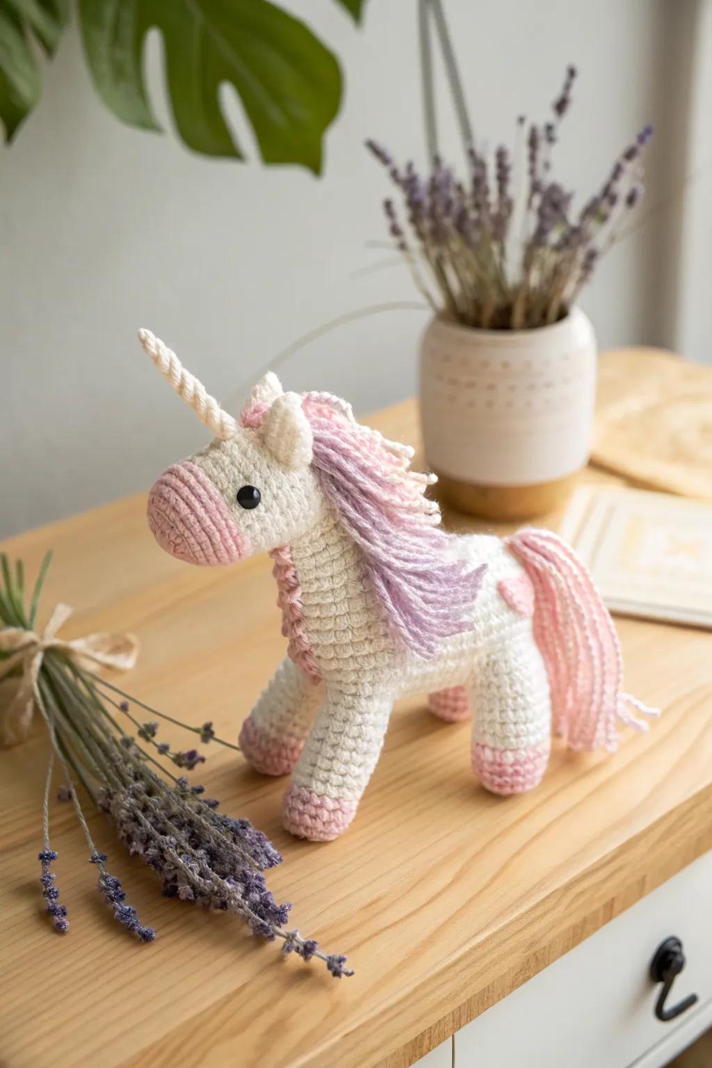 Embrace the magic with this enchanting mini crochet unicorn, a perfect blend of whimsy and craftsmanship.