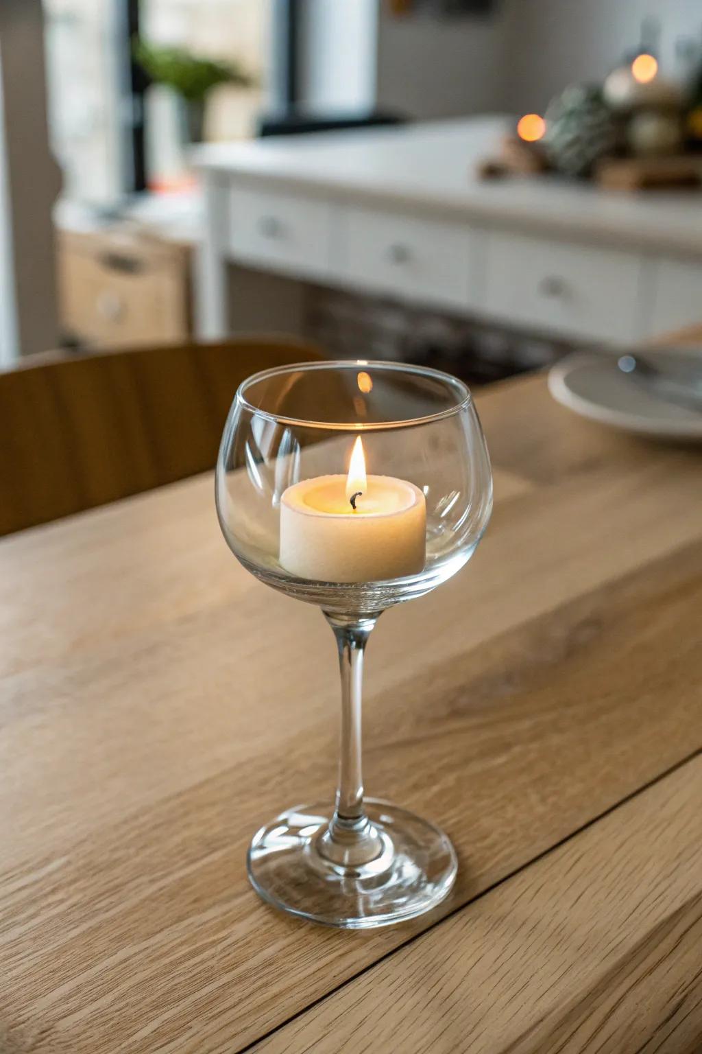 Transform wine glasses into exquisite candle holders for a cozy, minimalist touch.