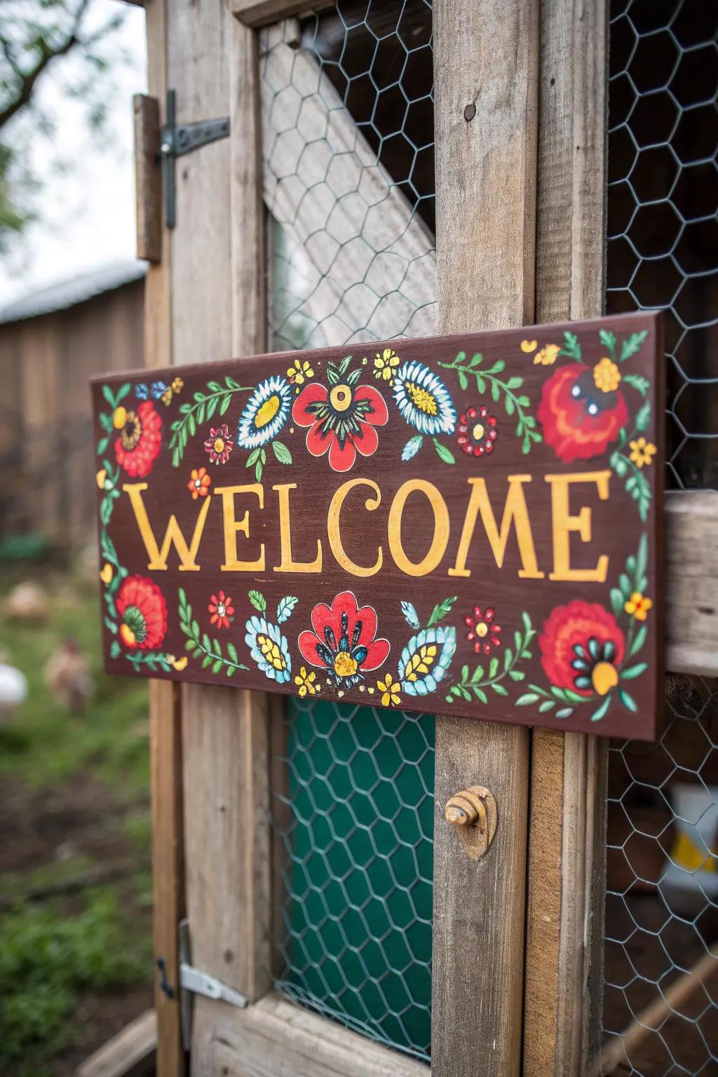 Welcome guests with a charming, hand-painted door sign for your chicken run.