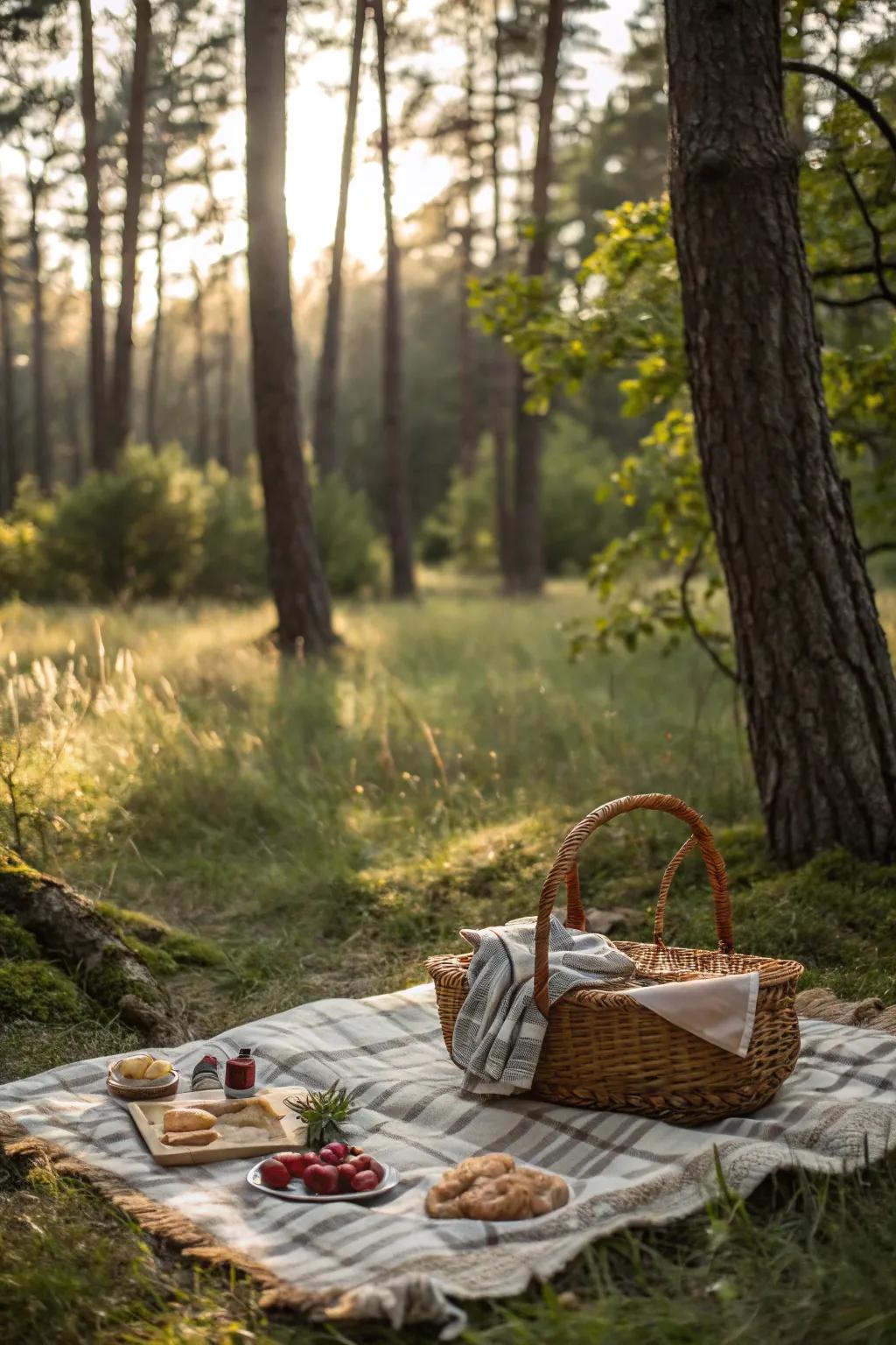 A secluded forest picnic surrounded by nature's beauty.