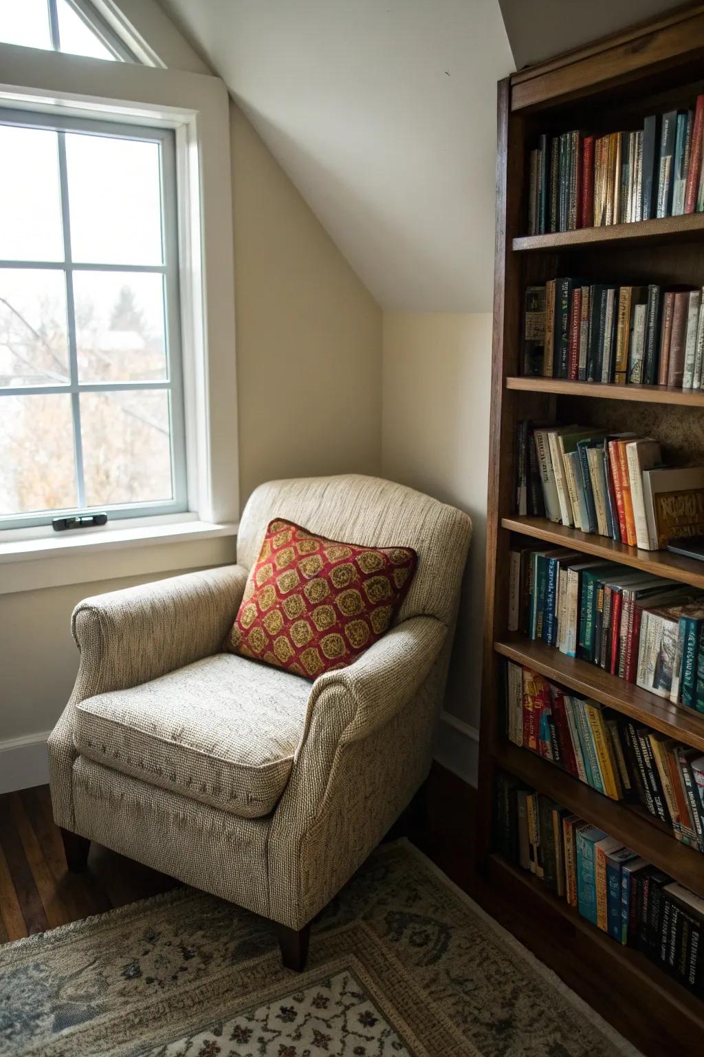 A cozy reading corner is perfect for book lovers seeking solace.