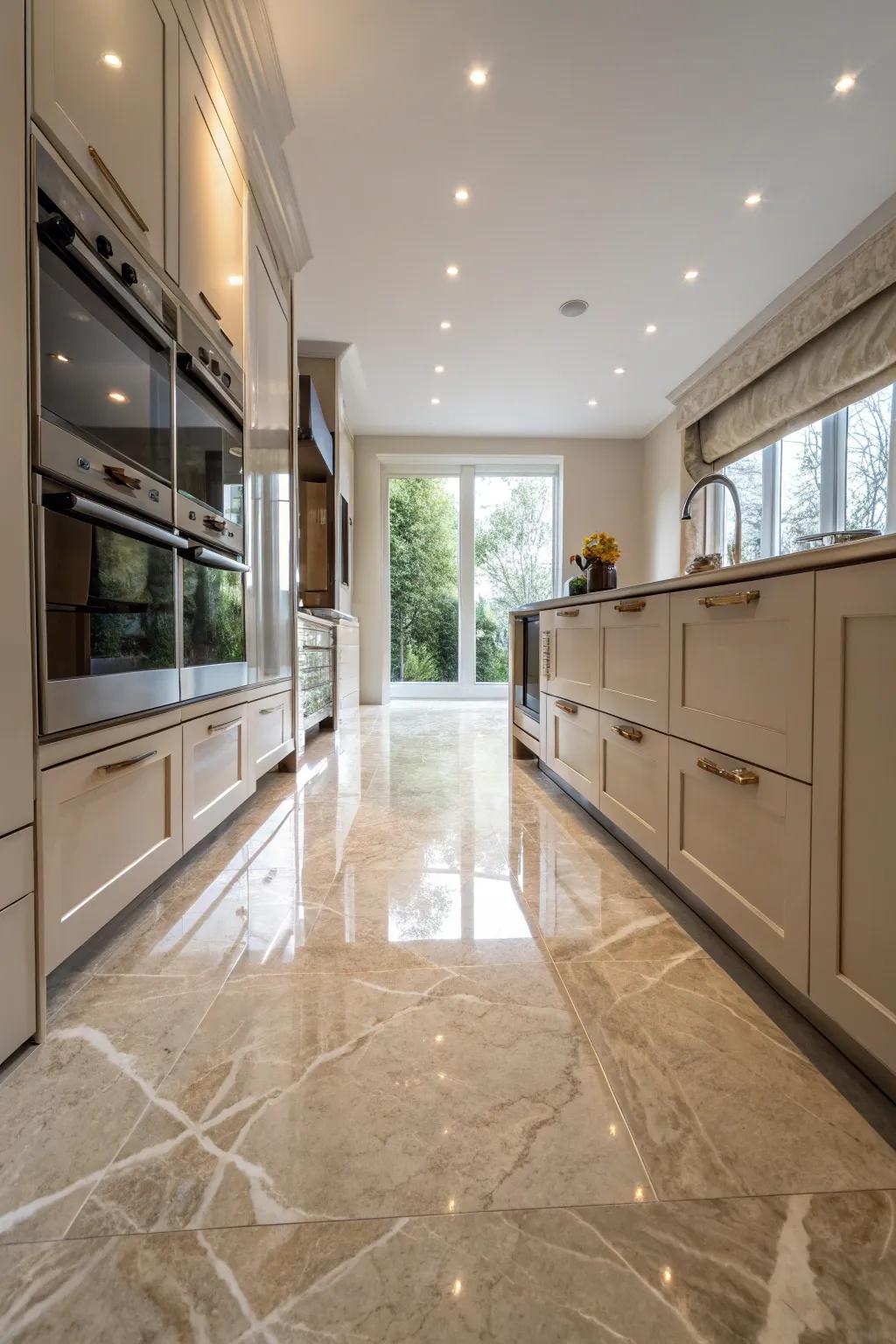 An elegant kitchen with subdued luxury in brushed chiseled marble floors.