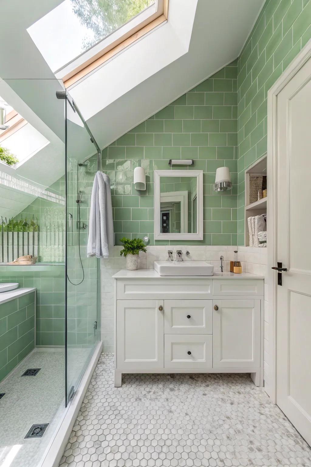 Sage green and white create a bright and airy bathroom design.