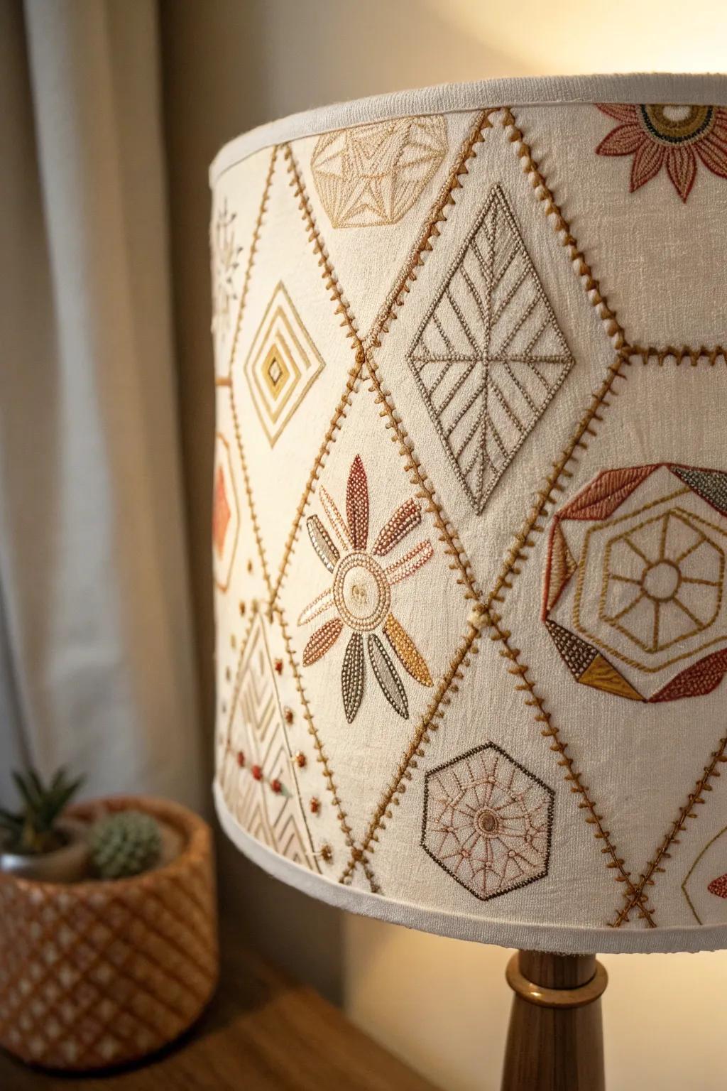 Illuminate your space with bespoke elegance: a lampshade transformed by geometric embroidery.