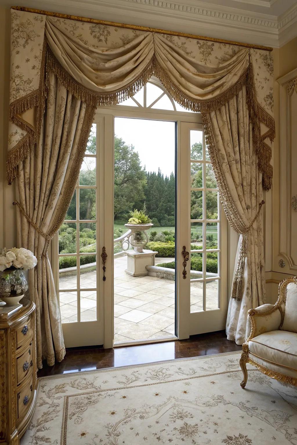 Floor-to-ceiling drapery panels adding drama and luxury to French doors.