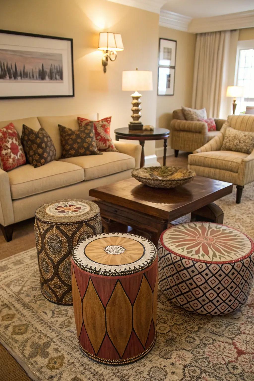 A cluster of stools offers versatility and artistic flair.