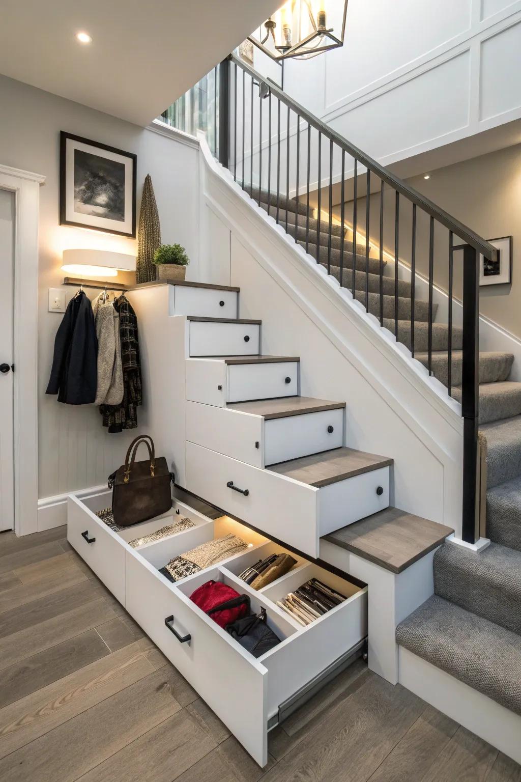 Maximize space with smart storage solutions under the stairs.