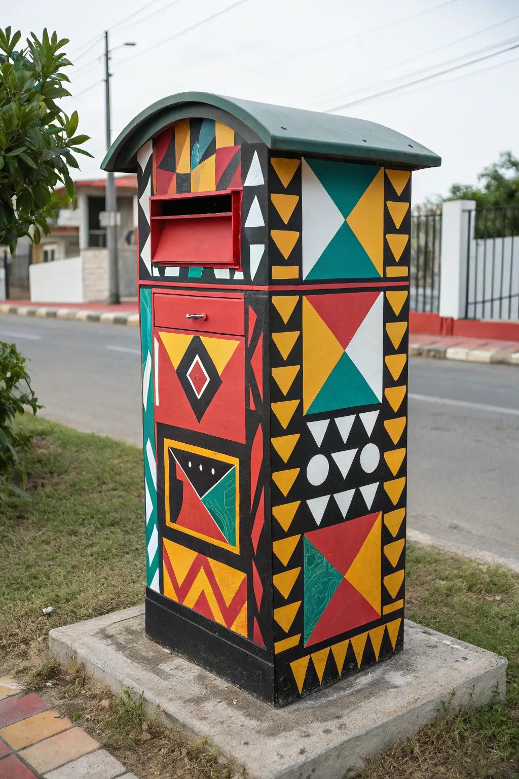A modern mailbox featuring dynamic geometric patterns.