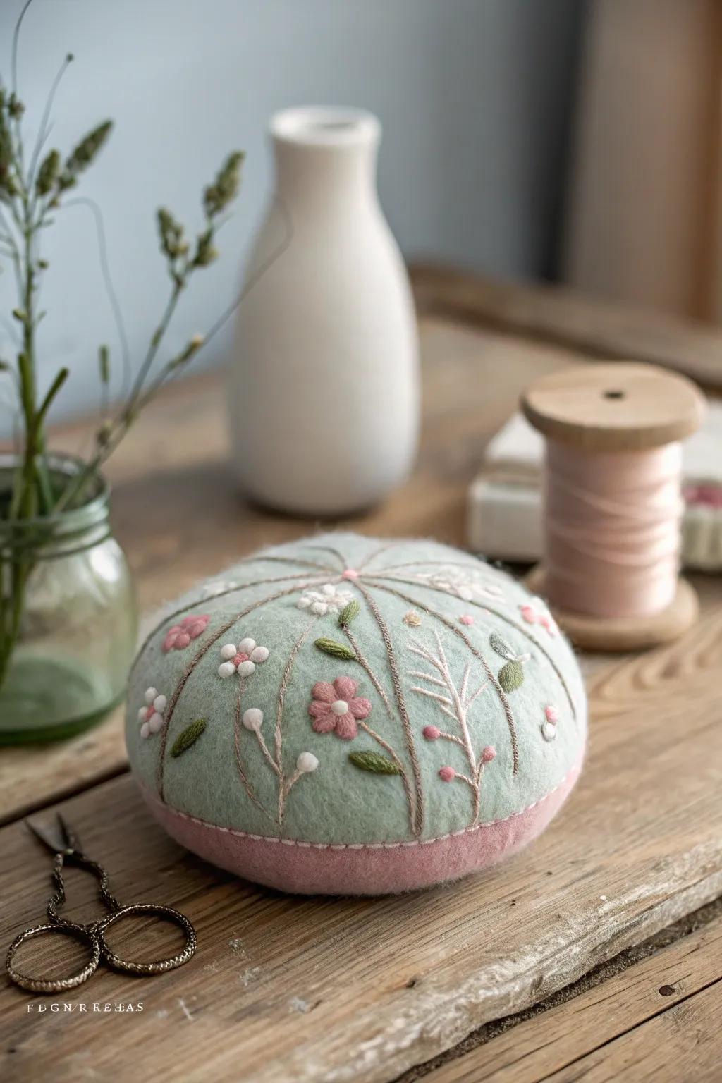 Add a touch of cozy elegance to your sewing space with this handcrafted felted wool pincushion.