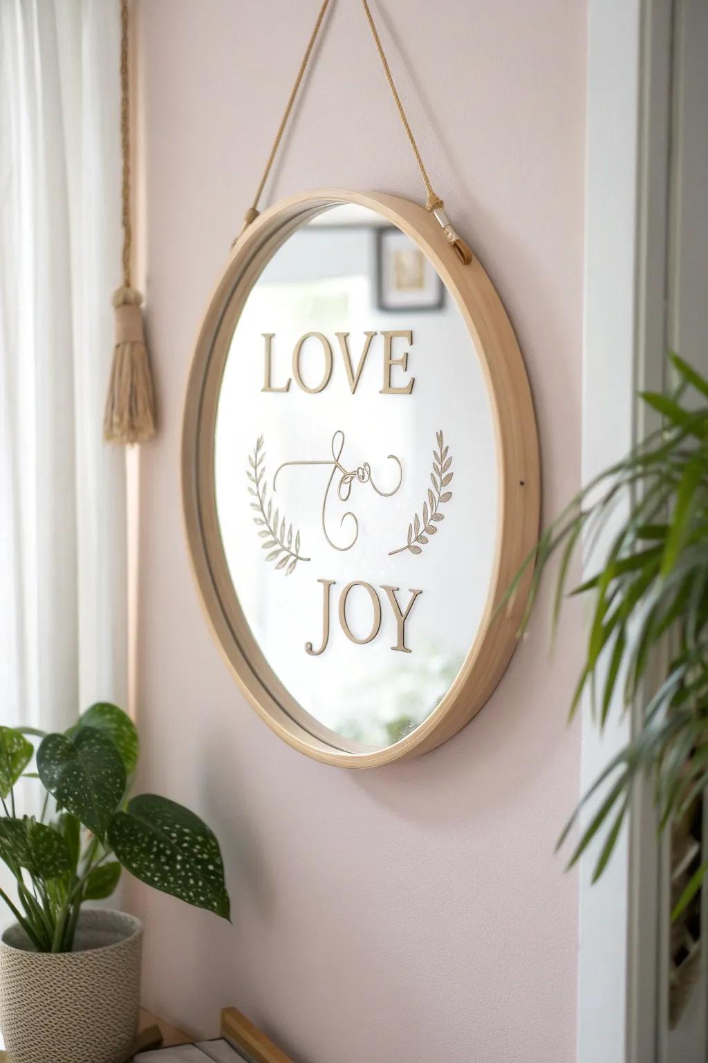 Reflect positivity and elegance with this Vinyl Word Art Mirror, a perfect blend of minimalist design and inspiring craftsmanship.