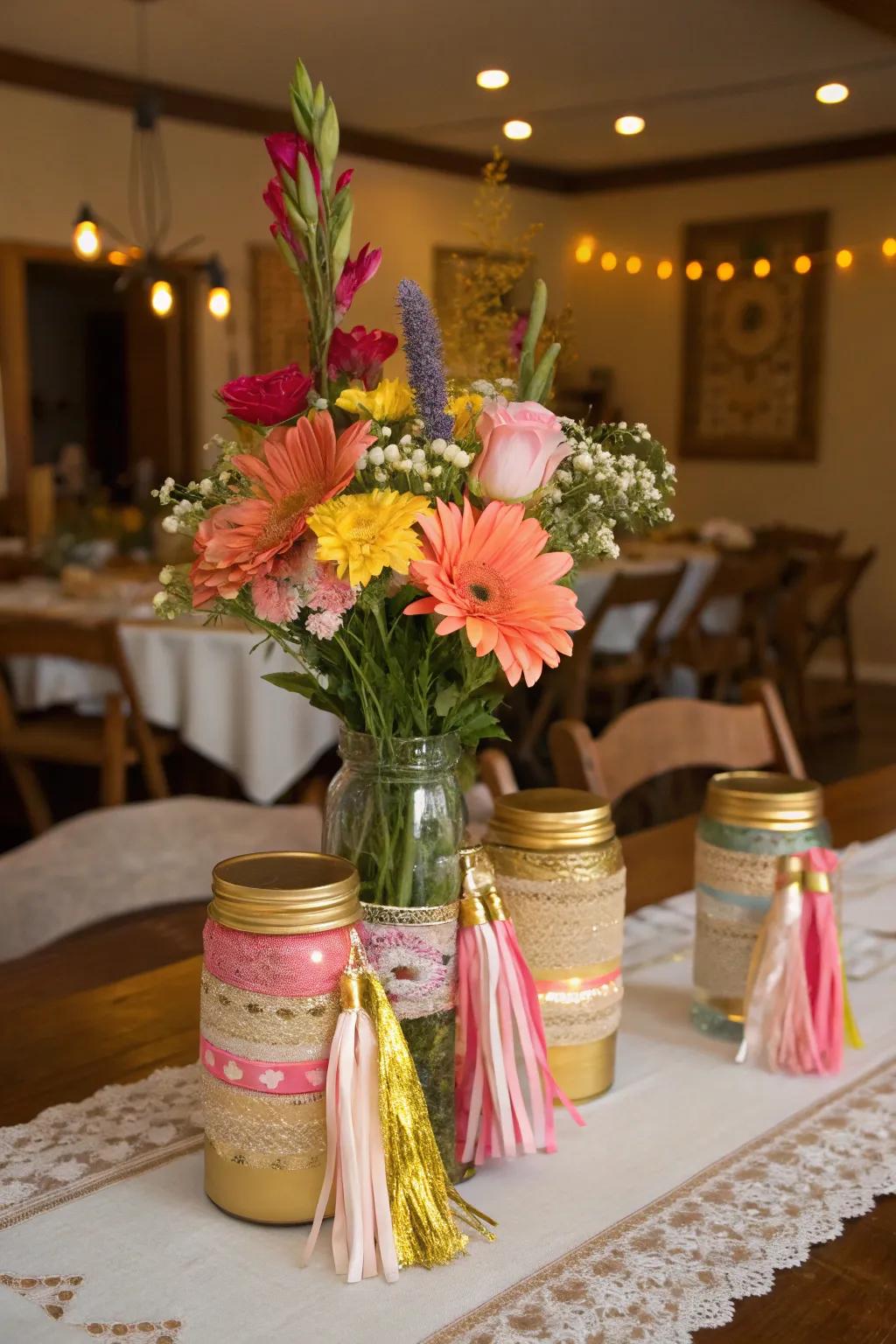 Charming centerpieces with a touch of gold.