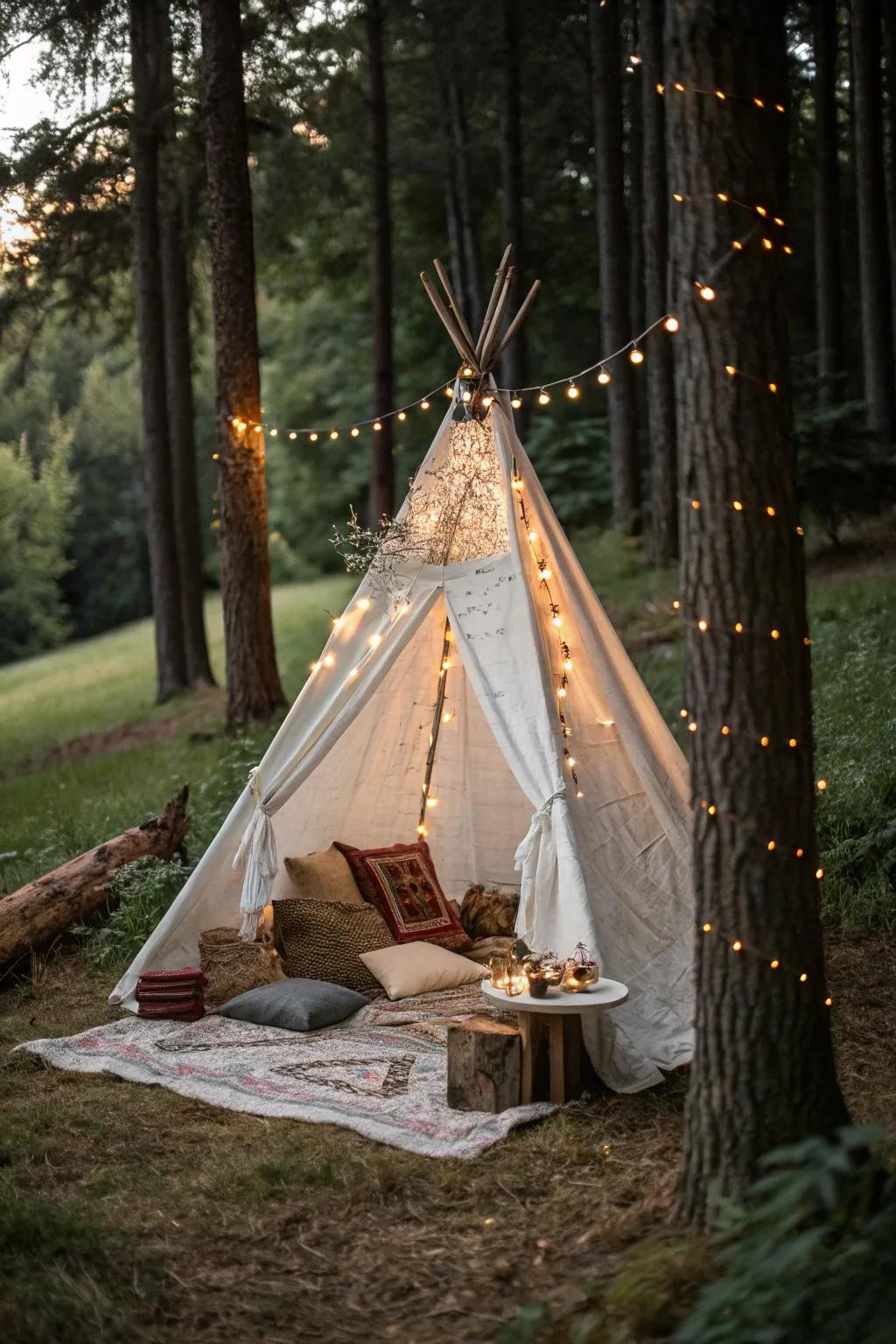 A chic teepee setup, blending comfort and style in the wilderness.