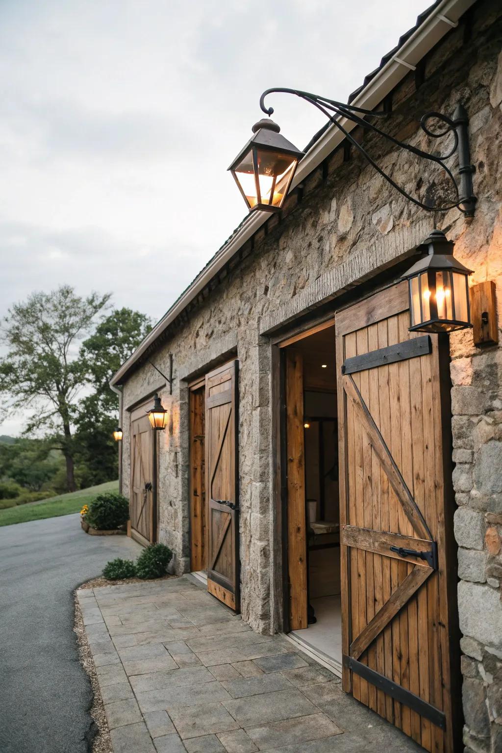 Rustic wooden doors complement the natural stone, adding charm.