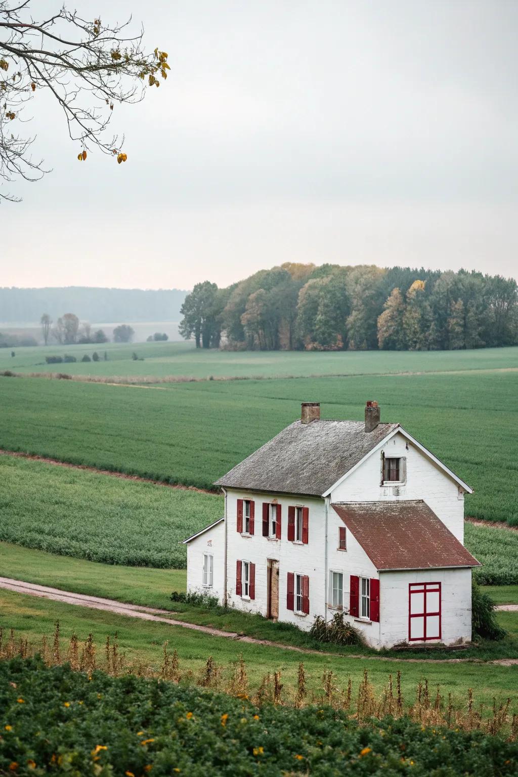 Muted red shutters add warmth and character to this farmhouse.