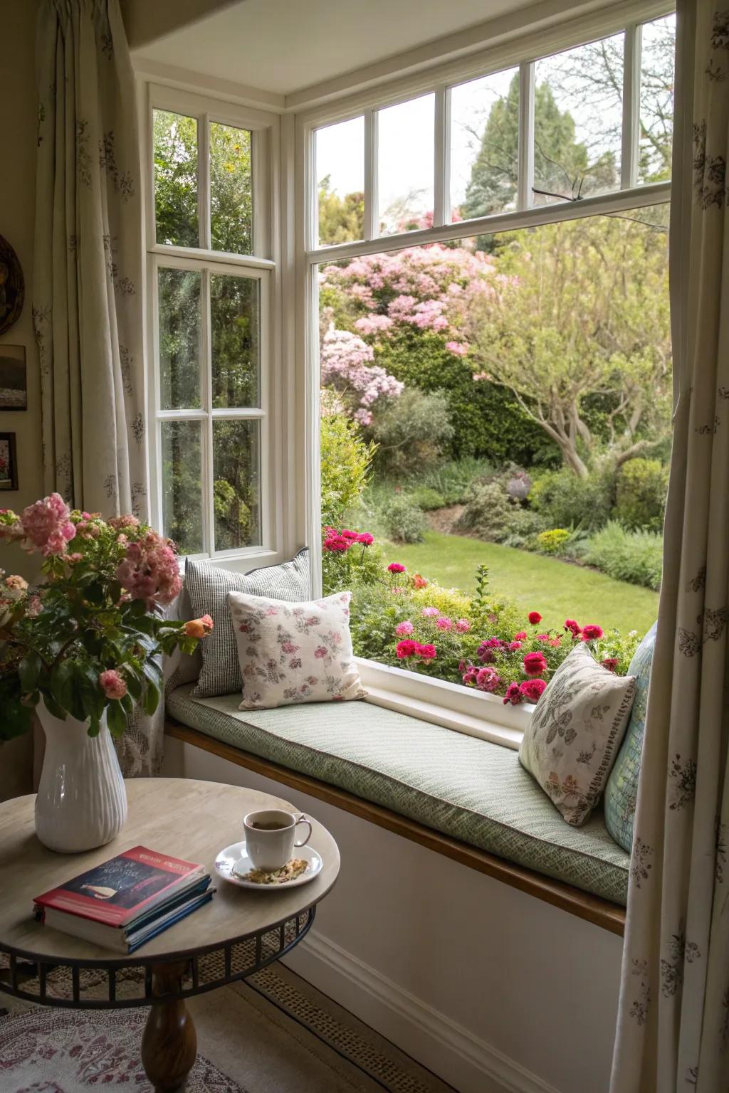 A window seat offers a peaceful place to enjoy scenic views.