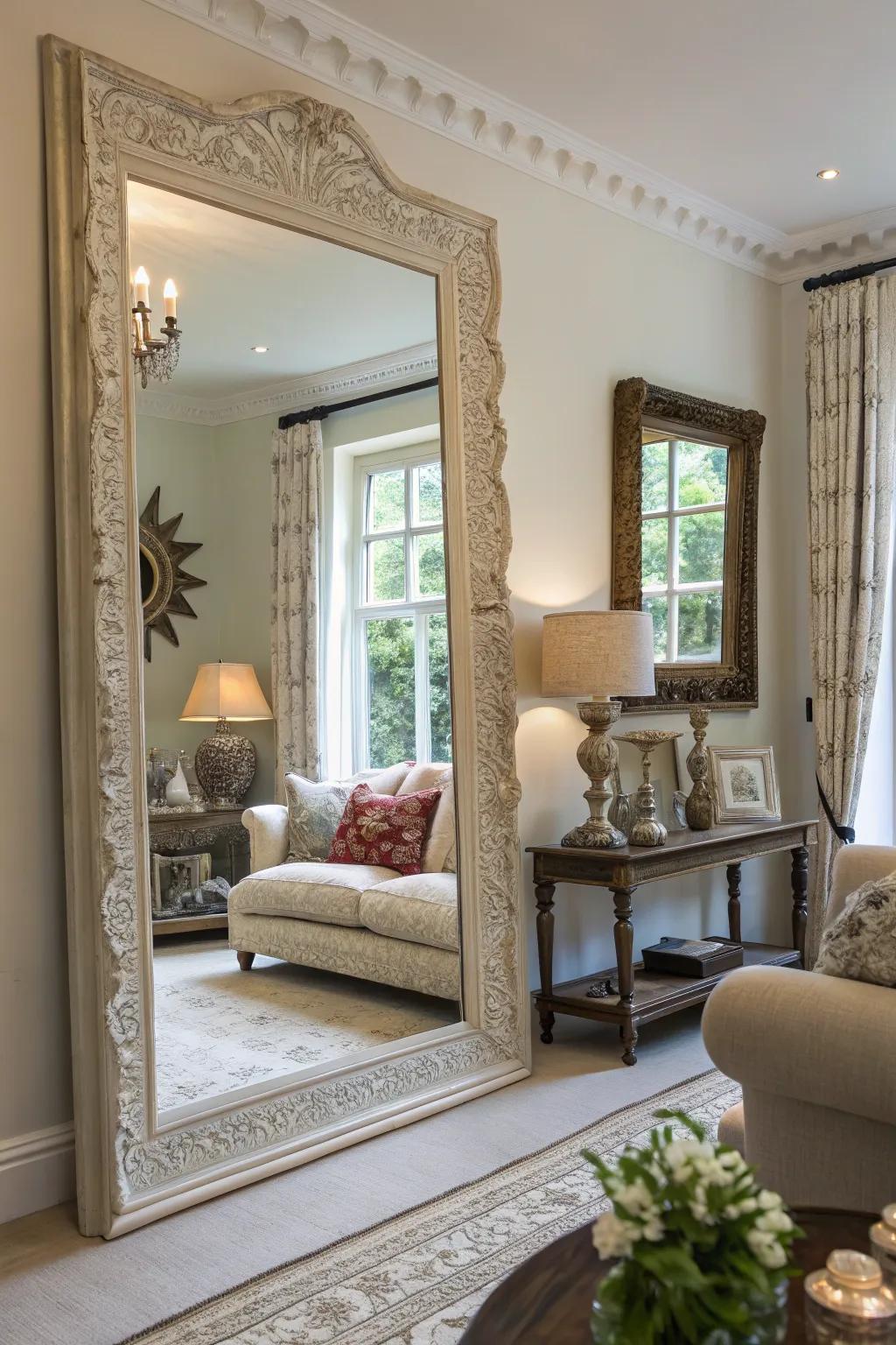 Mirrors enhance the sense of space and light in this bright living room.