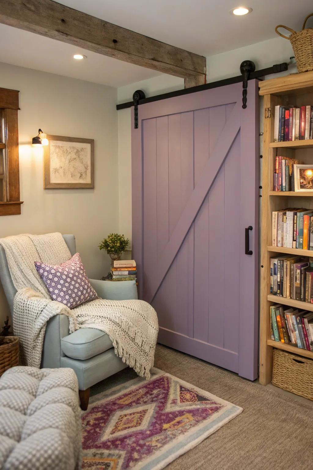 Lavender barn doors add whimsy and serenity.