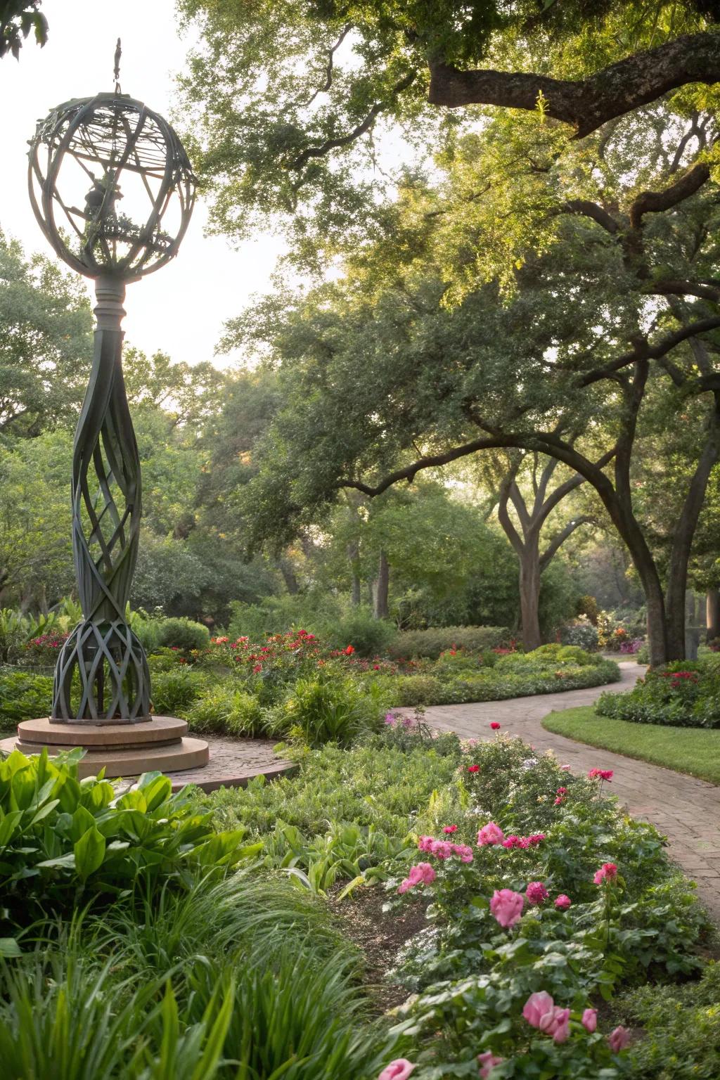 Garden art pieces add personality and focal points.