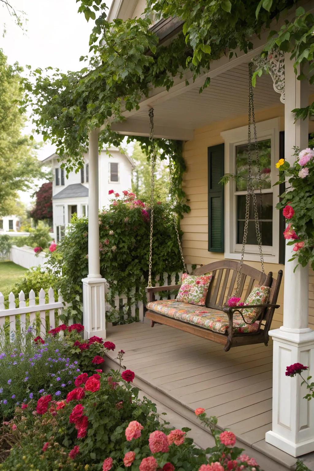 A cozy porch swing inviting relaxation on a large front porch.