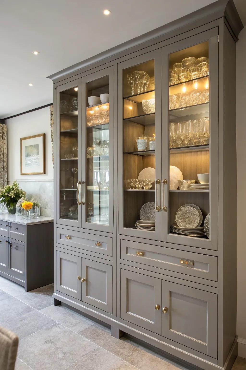 Create openness with glass front cabinets in a grey kitchen.