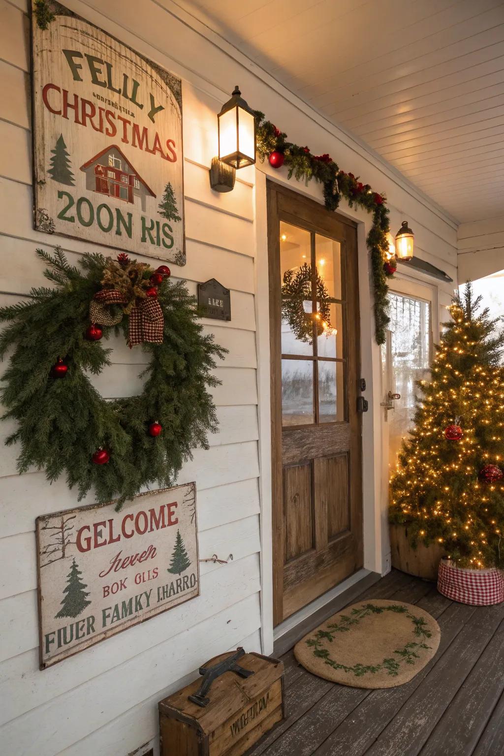 An inviting farmhouse entryway adorned with vintage Christmas signs and a rustic wreath.