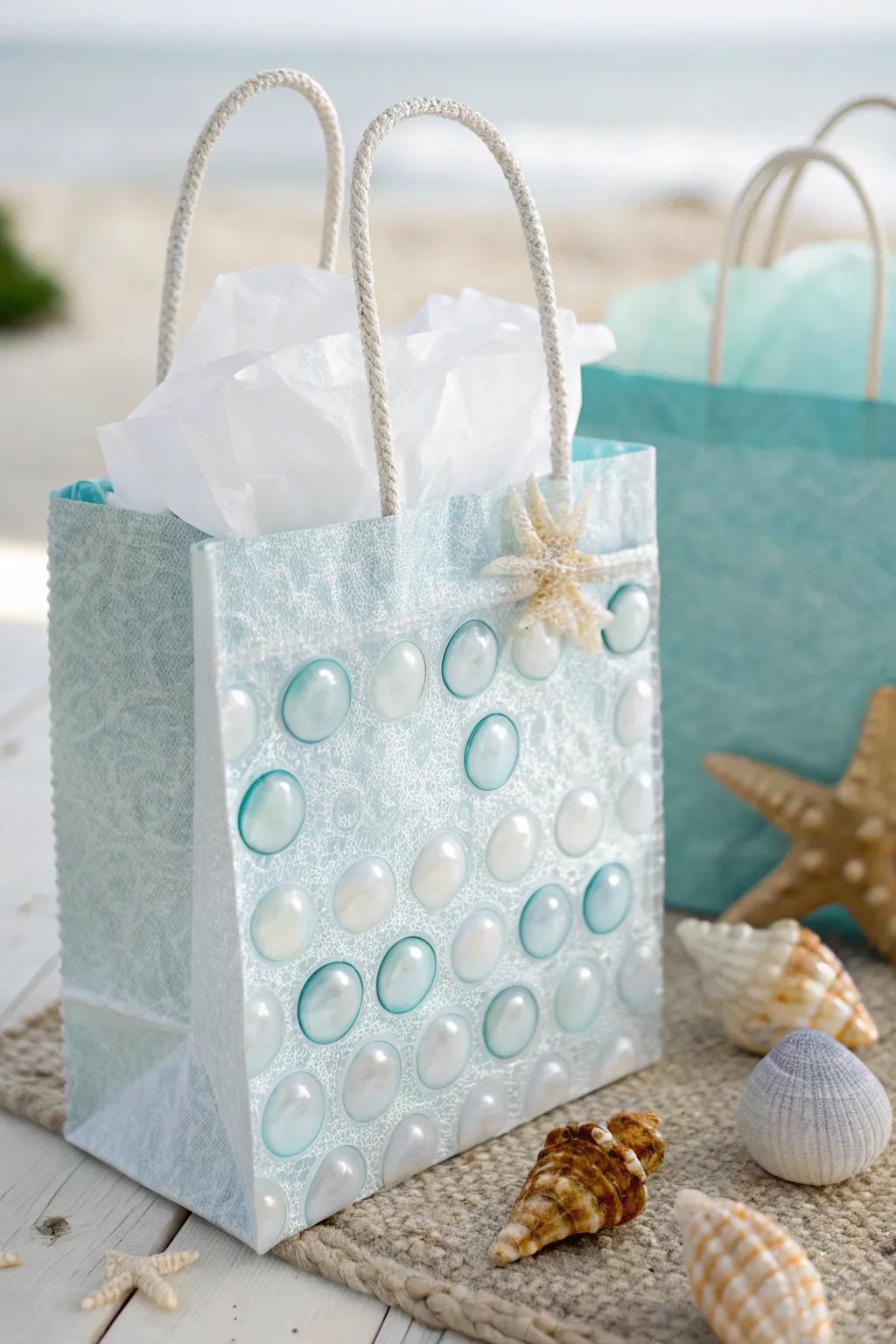 Dive into elegance with ocean-inspired bubble wrap accents for your gift bags.