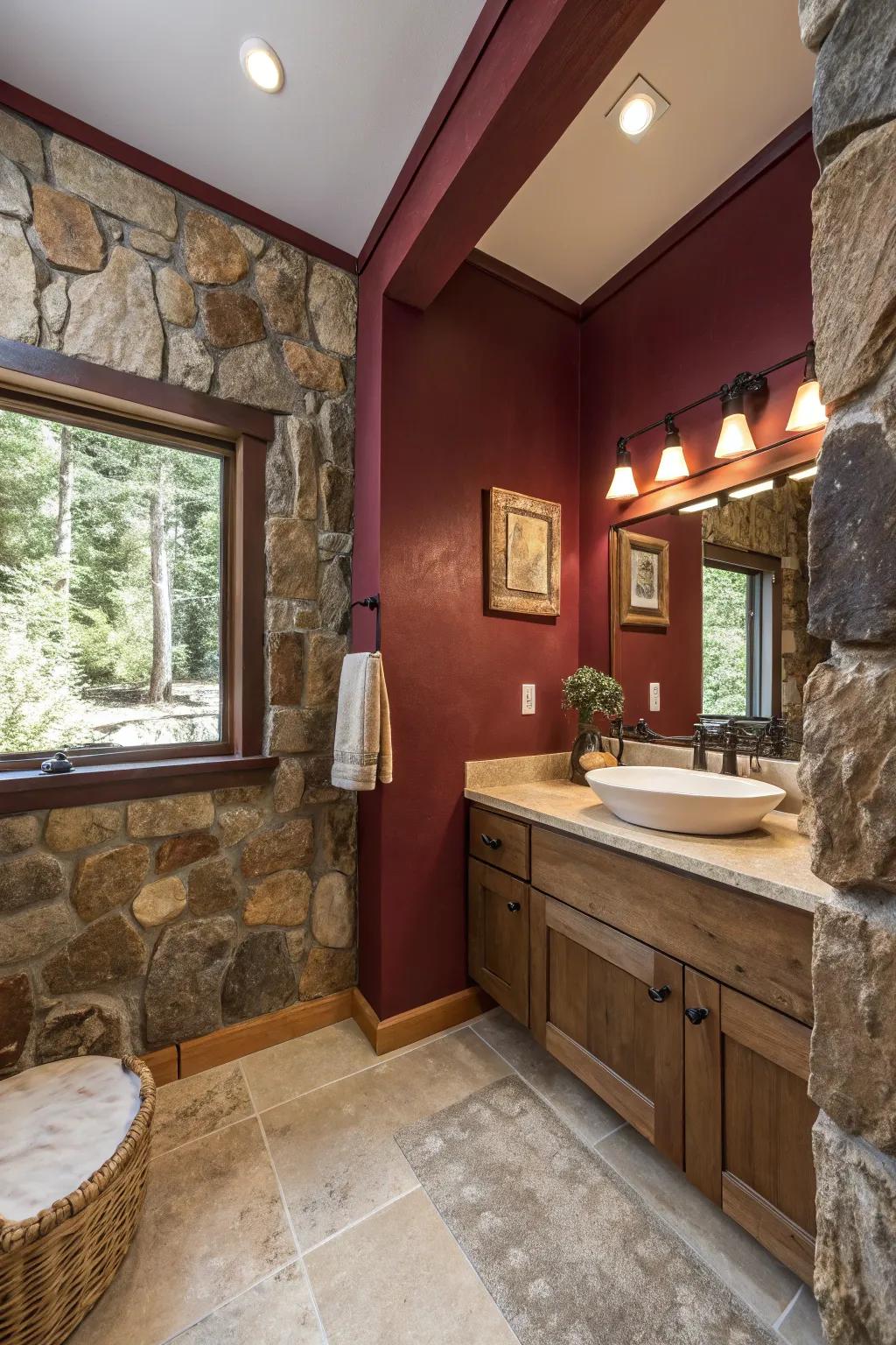 Natural materials complement maroon, creating a balanced and organic feel.