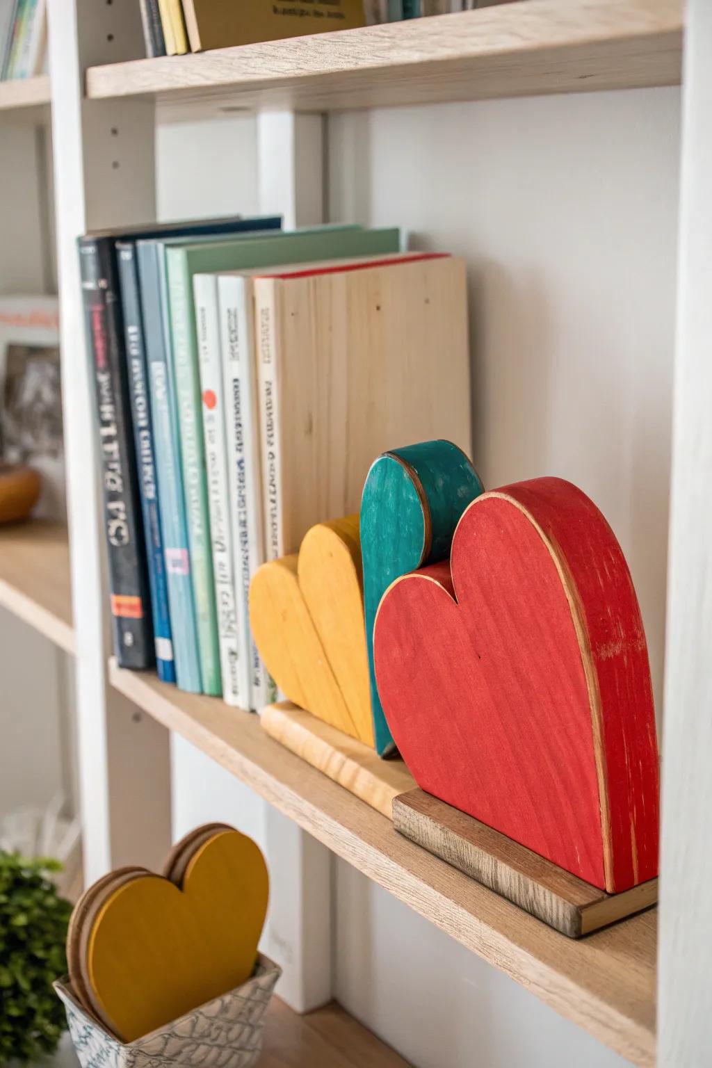 Heart-shaped bookends adding charm to a bookshelf.