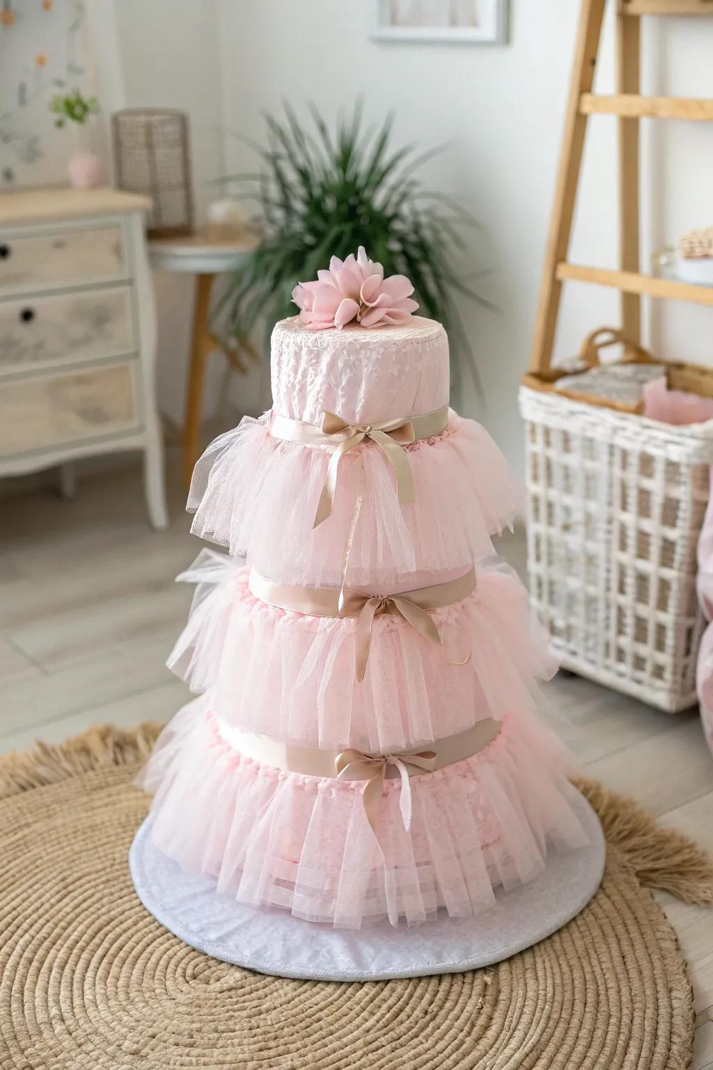 Enchanting elegance: This tulle-wrapped diaper cake brings a touch of ballerina grace to any baby shower.