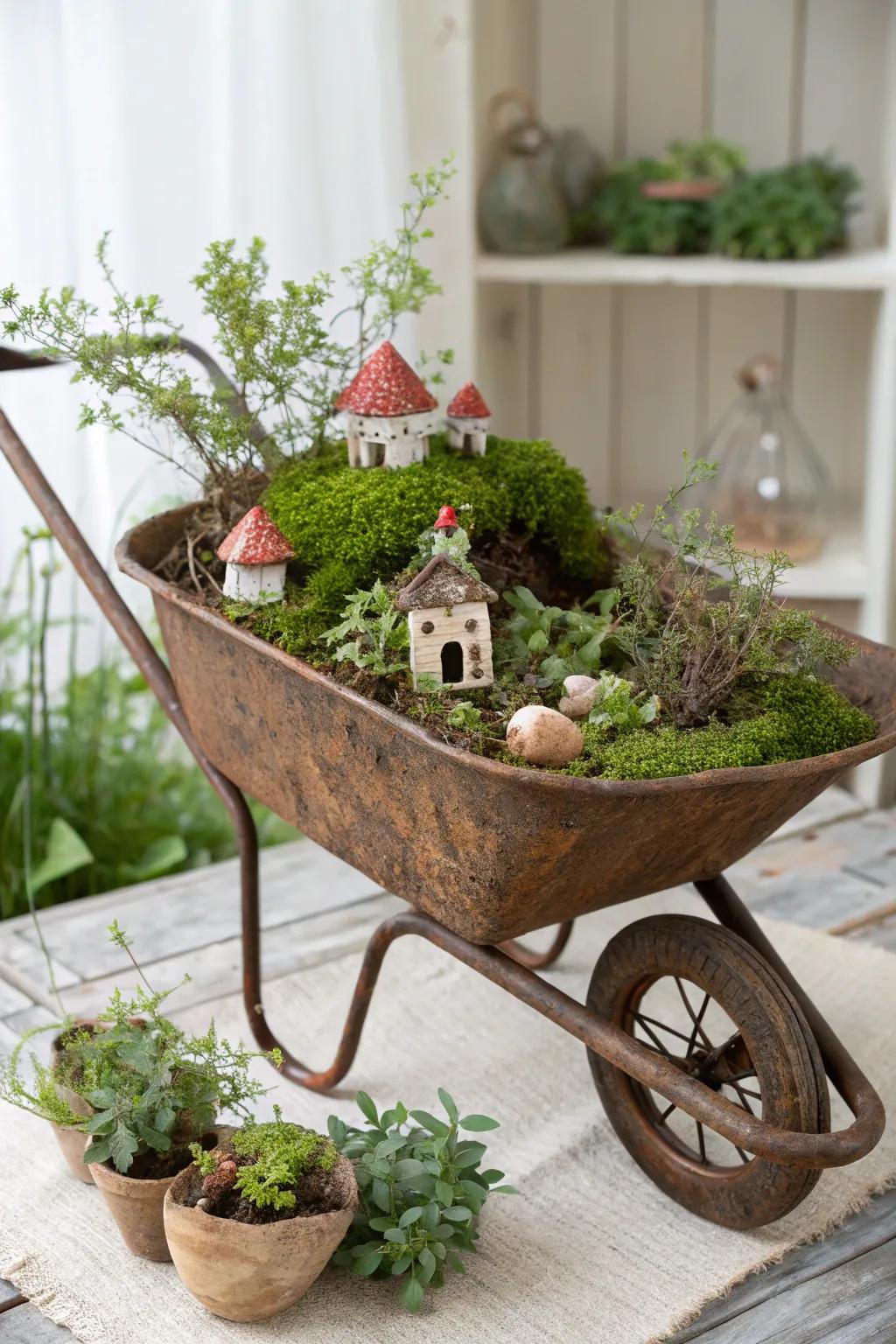 Discover the magic of an upcycled wheelbarrow fairy garden, where rustic charm meets whimsical wonder.