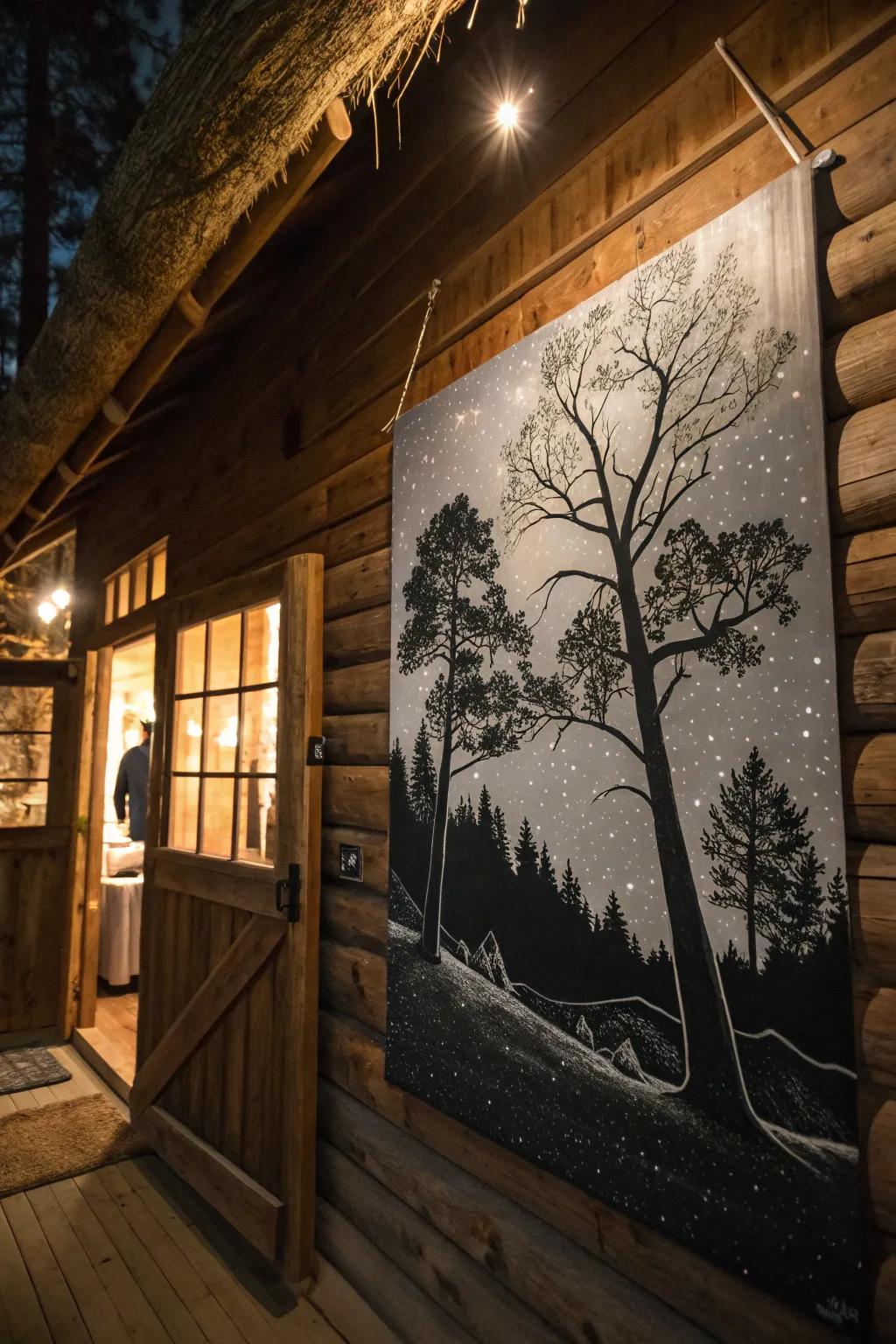 Tree silhouettes against a starry night sky in monochrome.