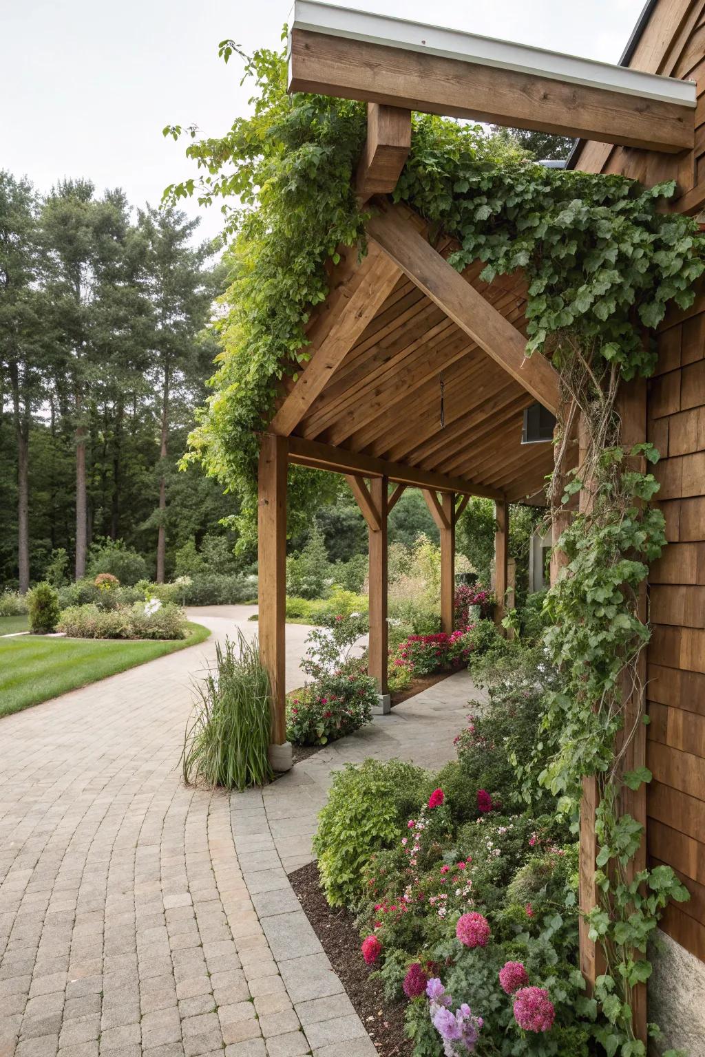 Nature meets functionality in this garden-integrated wood carport.