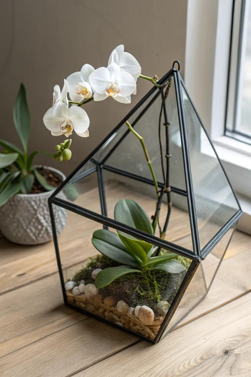 Elevate your space with geometric elegance: an orchid terrarium that captures the essence of modern minimalism.