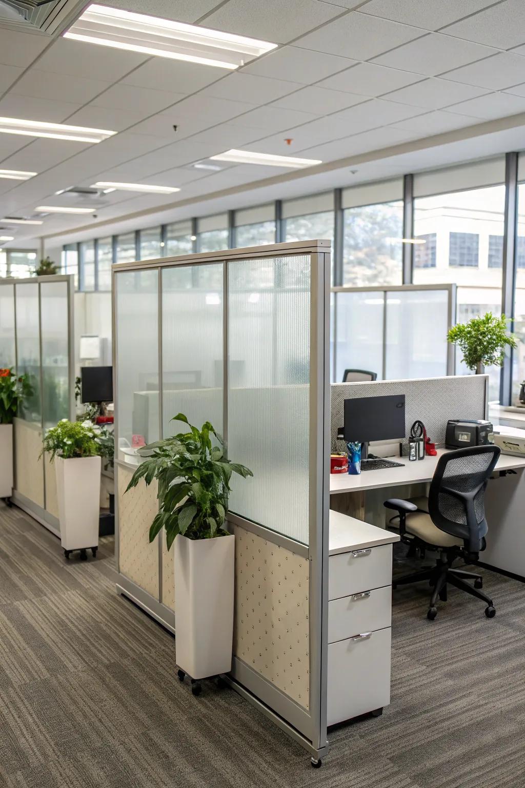 Frosted glass partitions blend privacy with openness in your workspace.