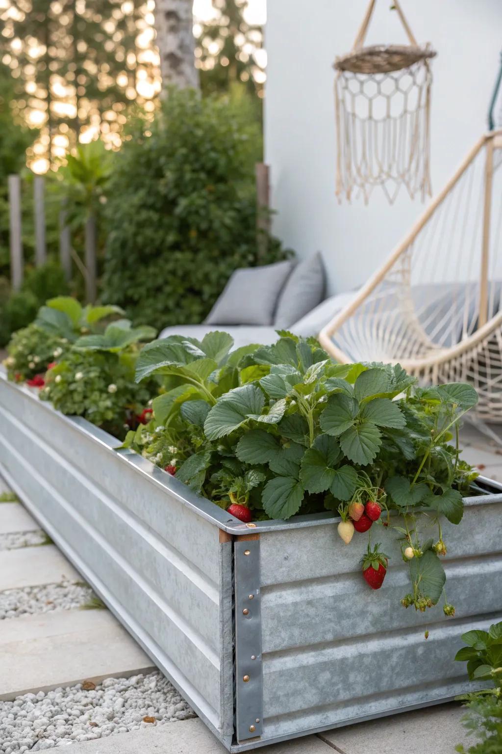 Modern meets nature: Elevate your garden with a sleek galvanized metal strawberry bed.