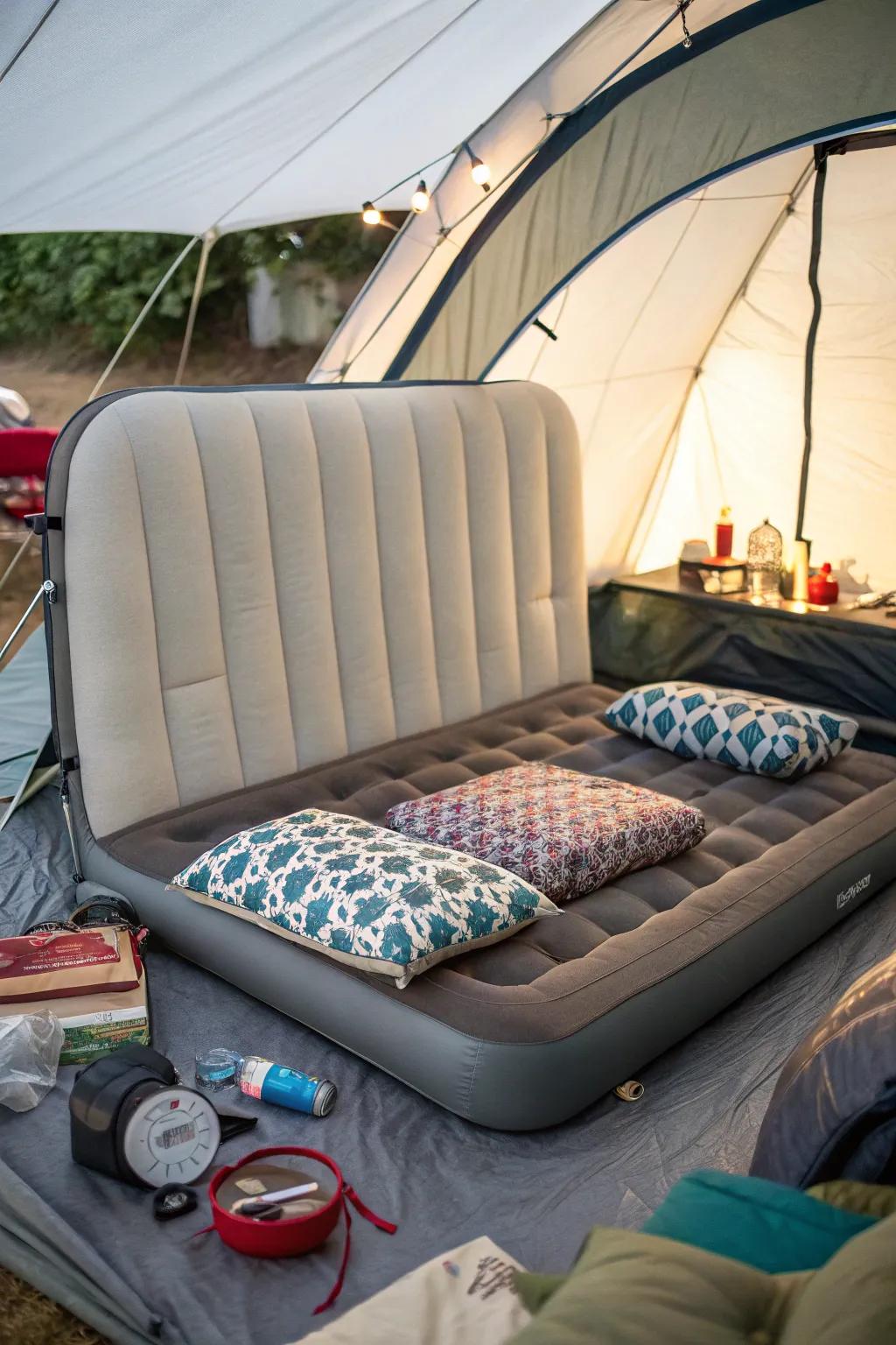 An inflatable headboard, adding comfort and style to a camping air mattress setup.