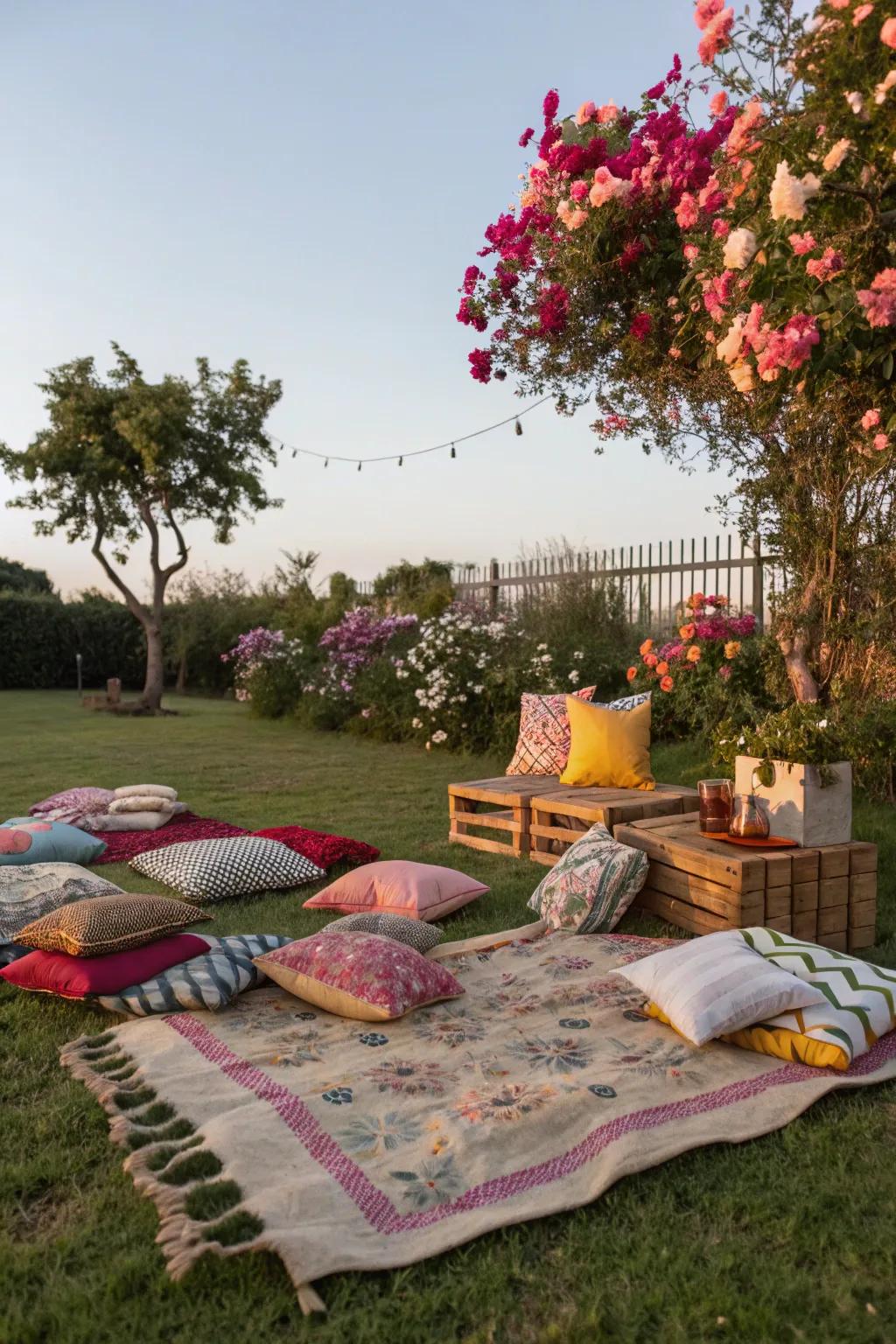 A backyard transformed into a charming picnic retreat.