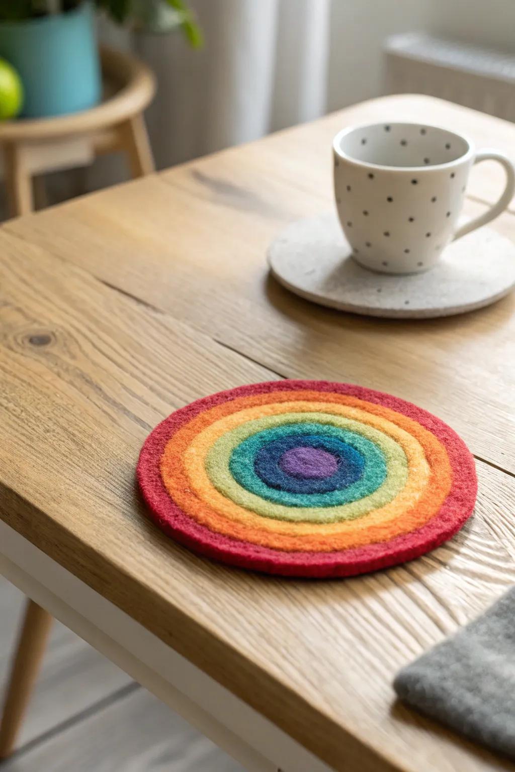 Add a splash of color to your mornings with handcrafted rainbow felt coasters.
