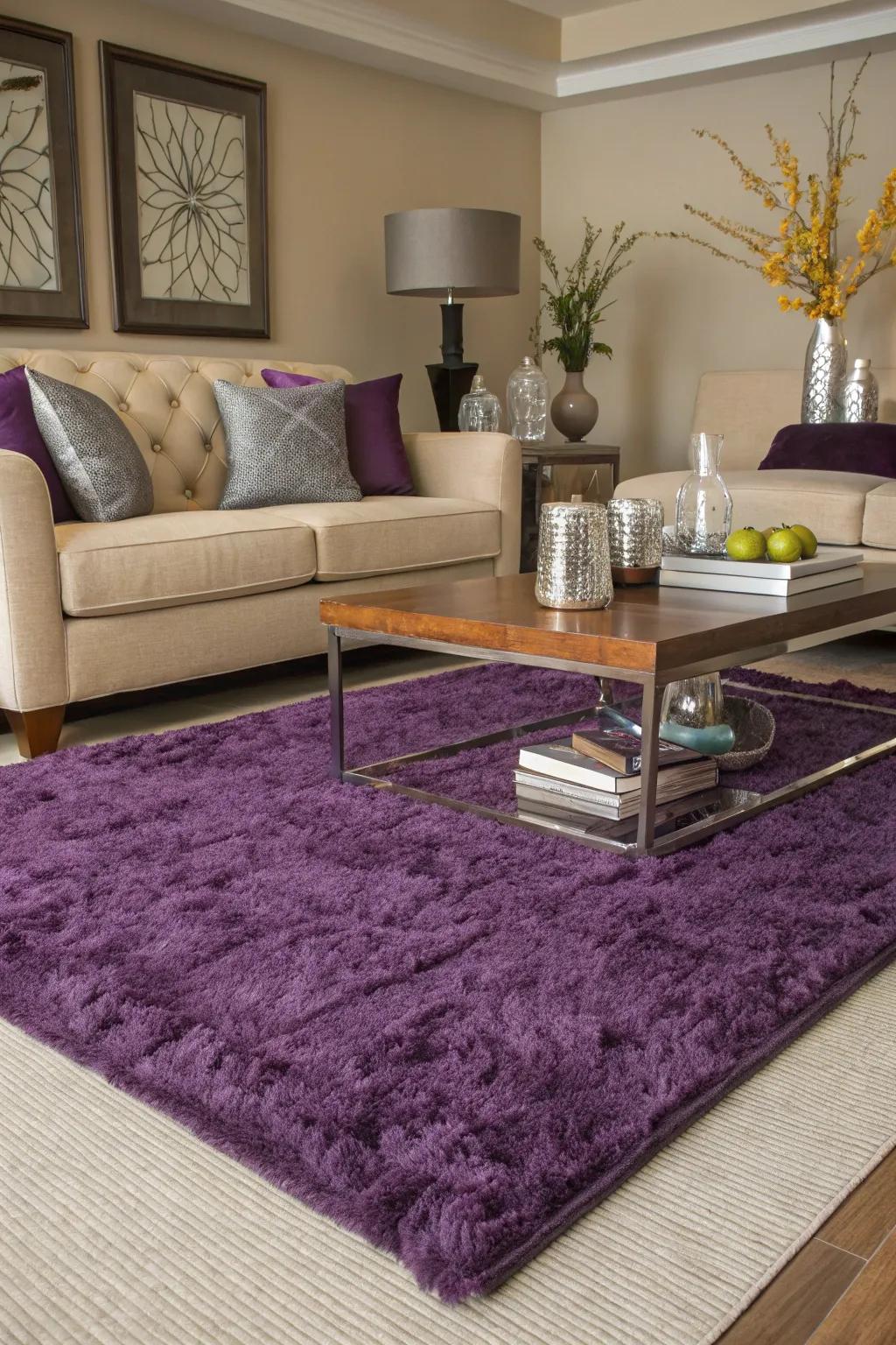 A statement purple rug anchoring the living room decor.