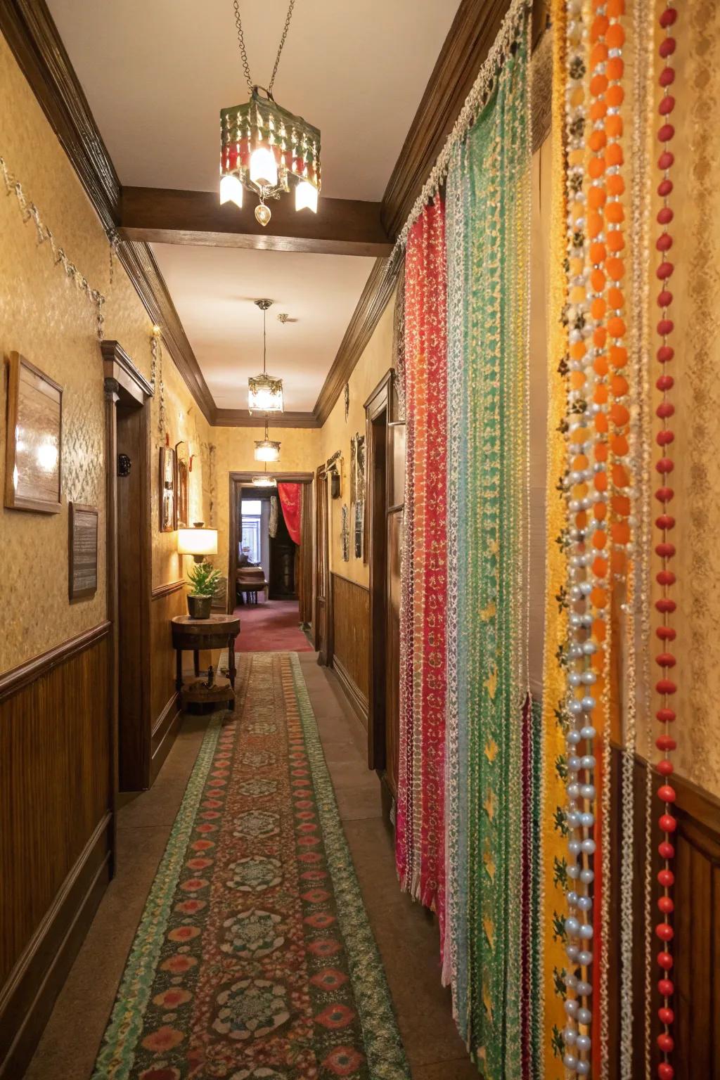 Beaded curtains adding retro charm and movement.