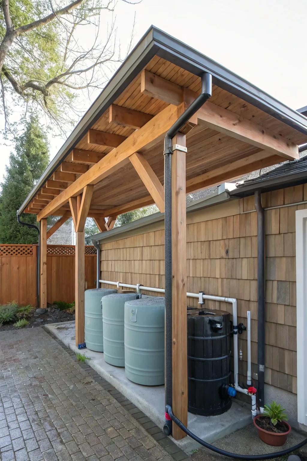 Sustainability in action with a rainwater harvesting wood carport.