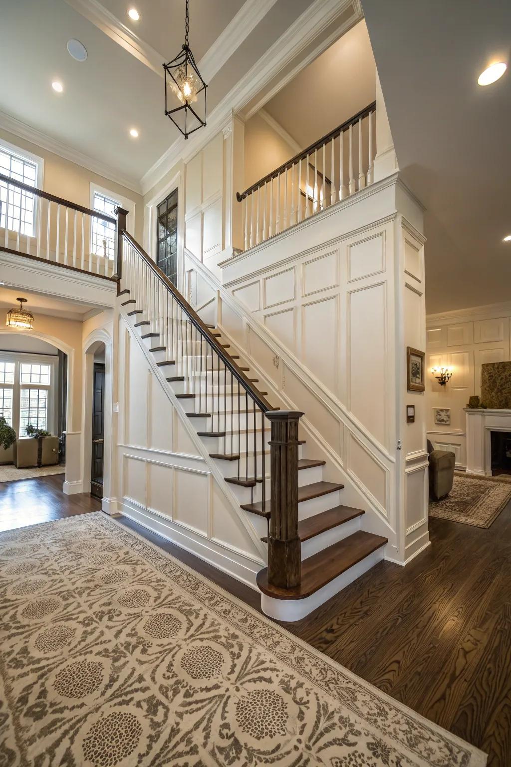 Open layouts highlight wainscoting as a focal point.