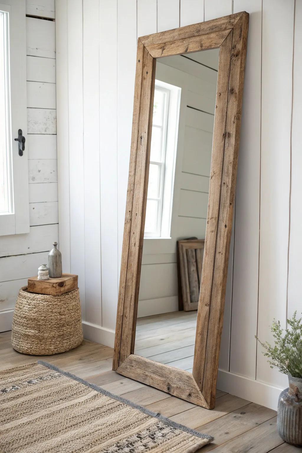 Elevate your space with the natural charm of a reclaimed wood mirror frame.