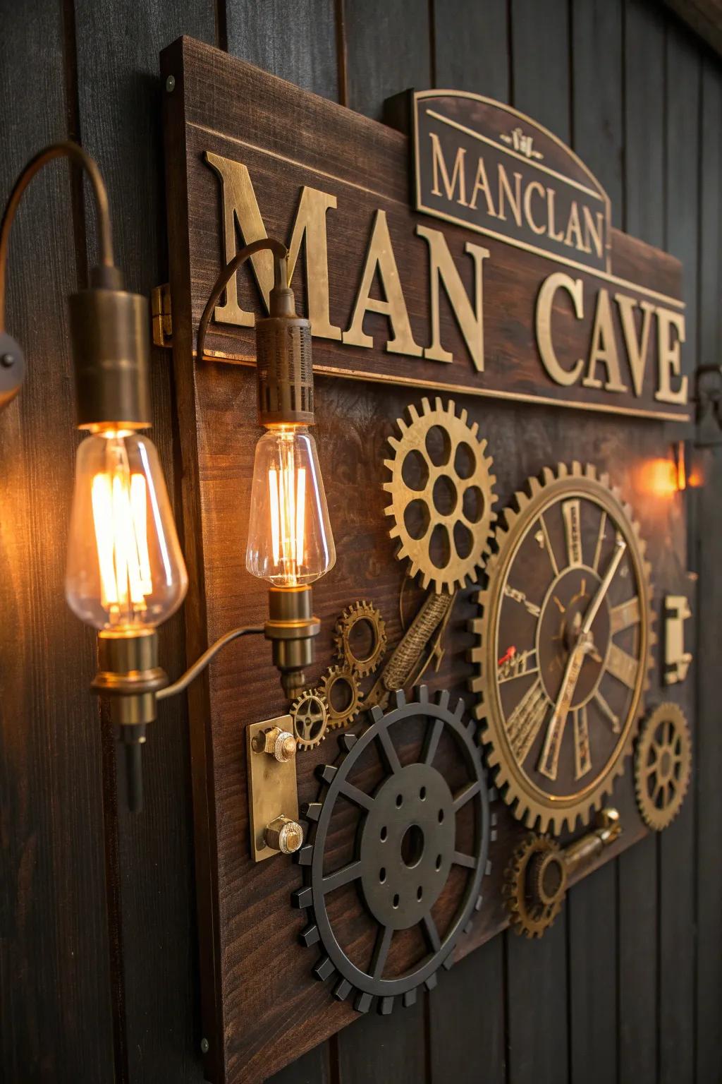 Elevate your space with this bespoke steampunk man cave sign, a perfect blend of vintage charm and industrial flair.