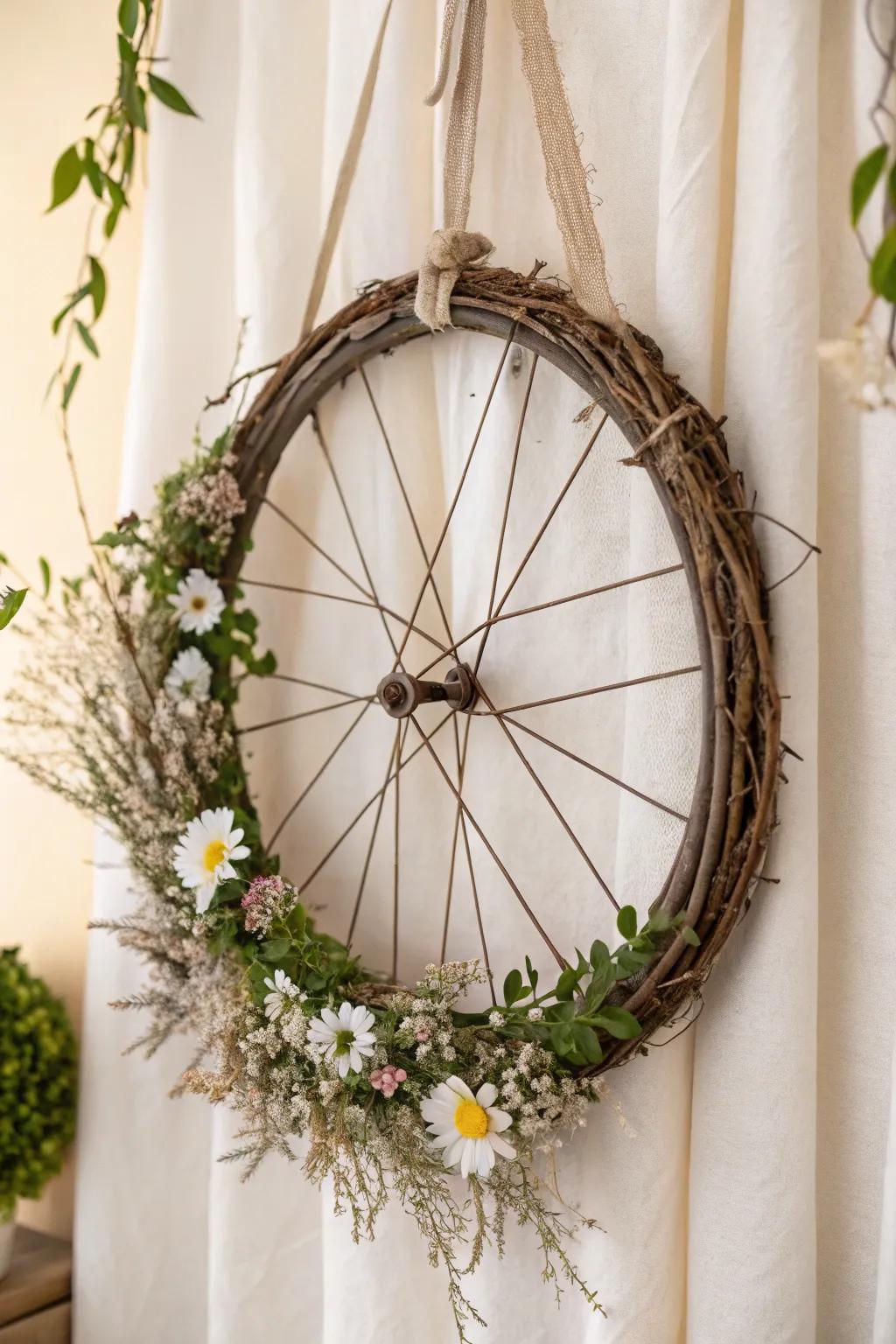 Celebrate spring with a whimsical bicycle-inspired wreath, where simplicity meets natural elegance.
