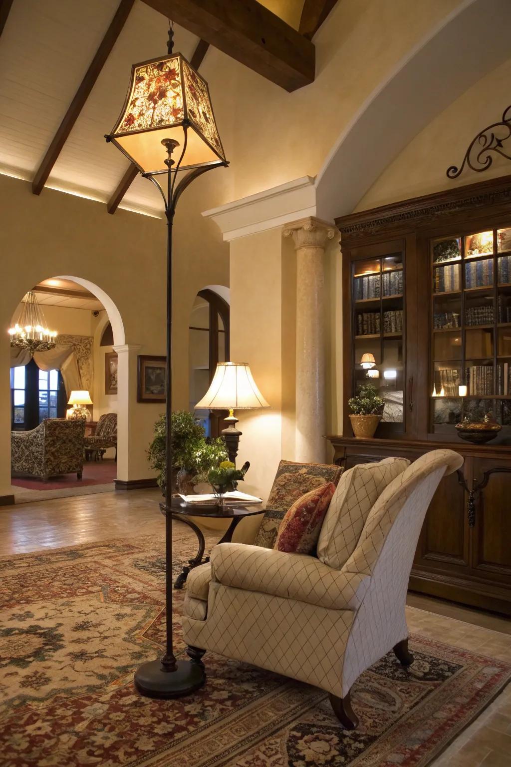 Floor lamps are versatile tools for creating cozy zones in large spaces.